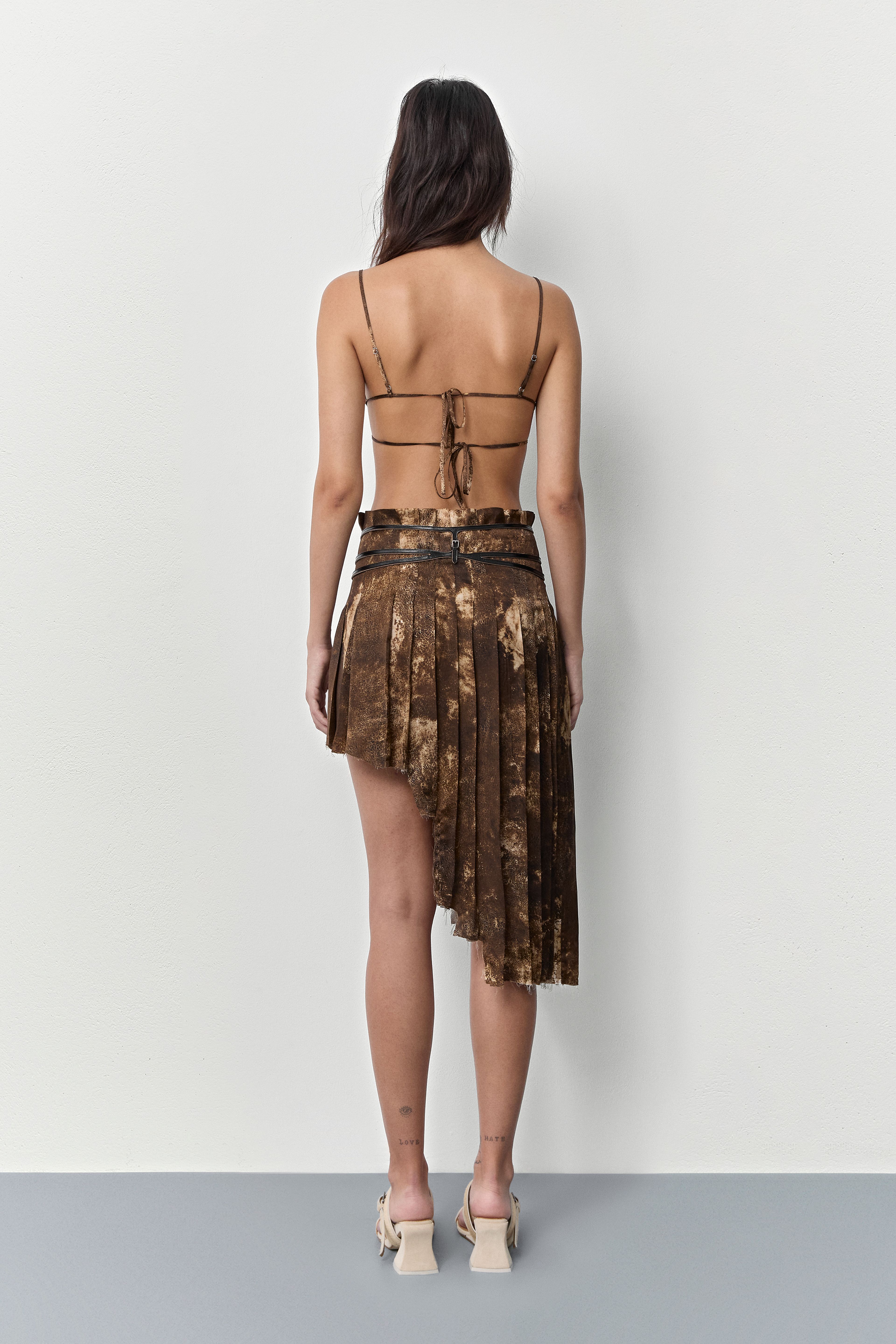 Clio Brown Leather Print Pleated Skirt | Miista | Designed & Handmade in Europe