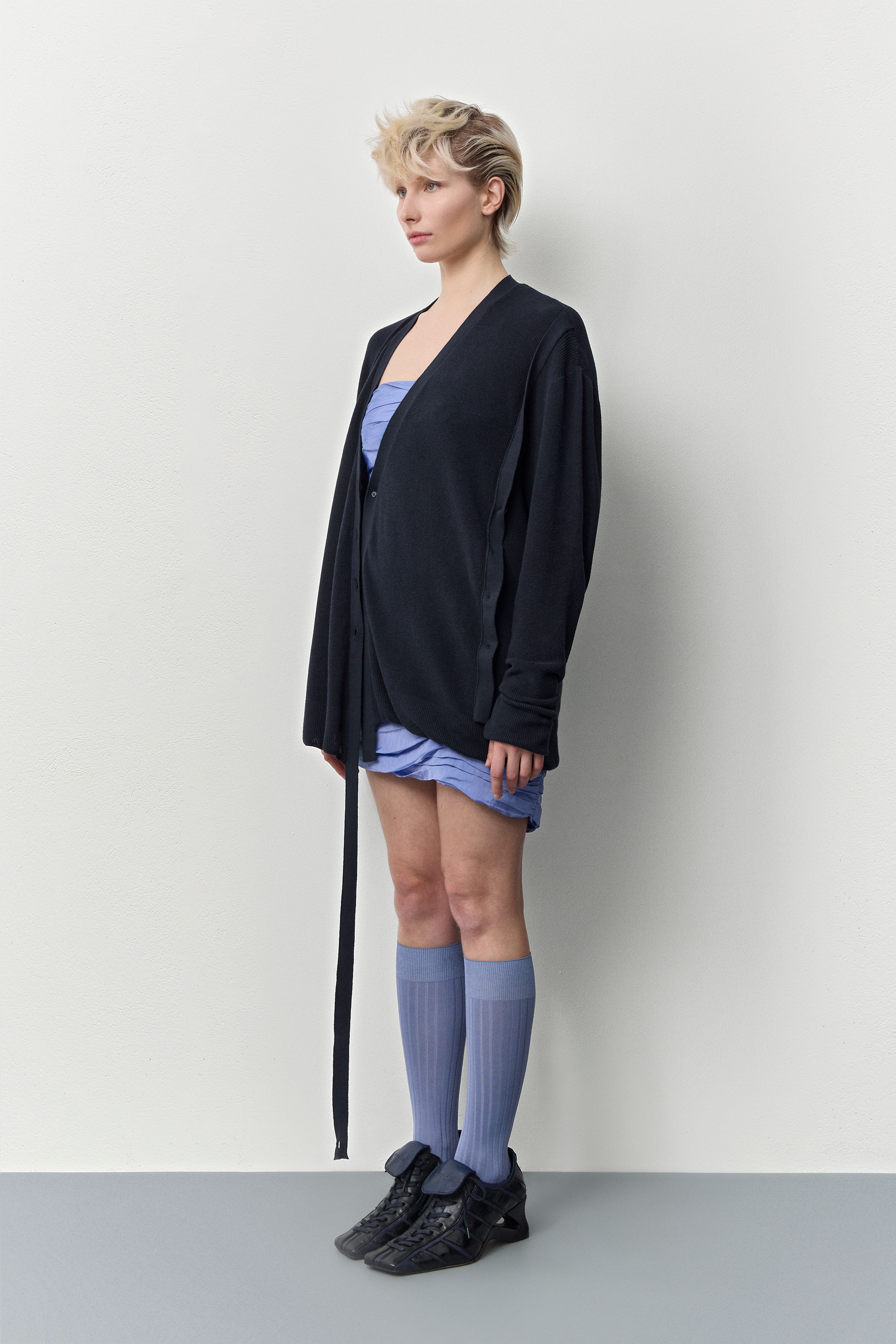 Sibileh Asymmetric Navy Knit Cardigan | Miista | Designed & Handmade in Europe