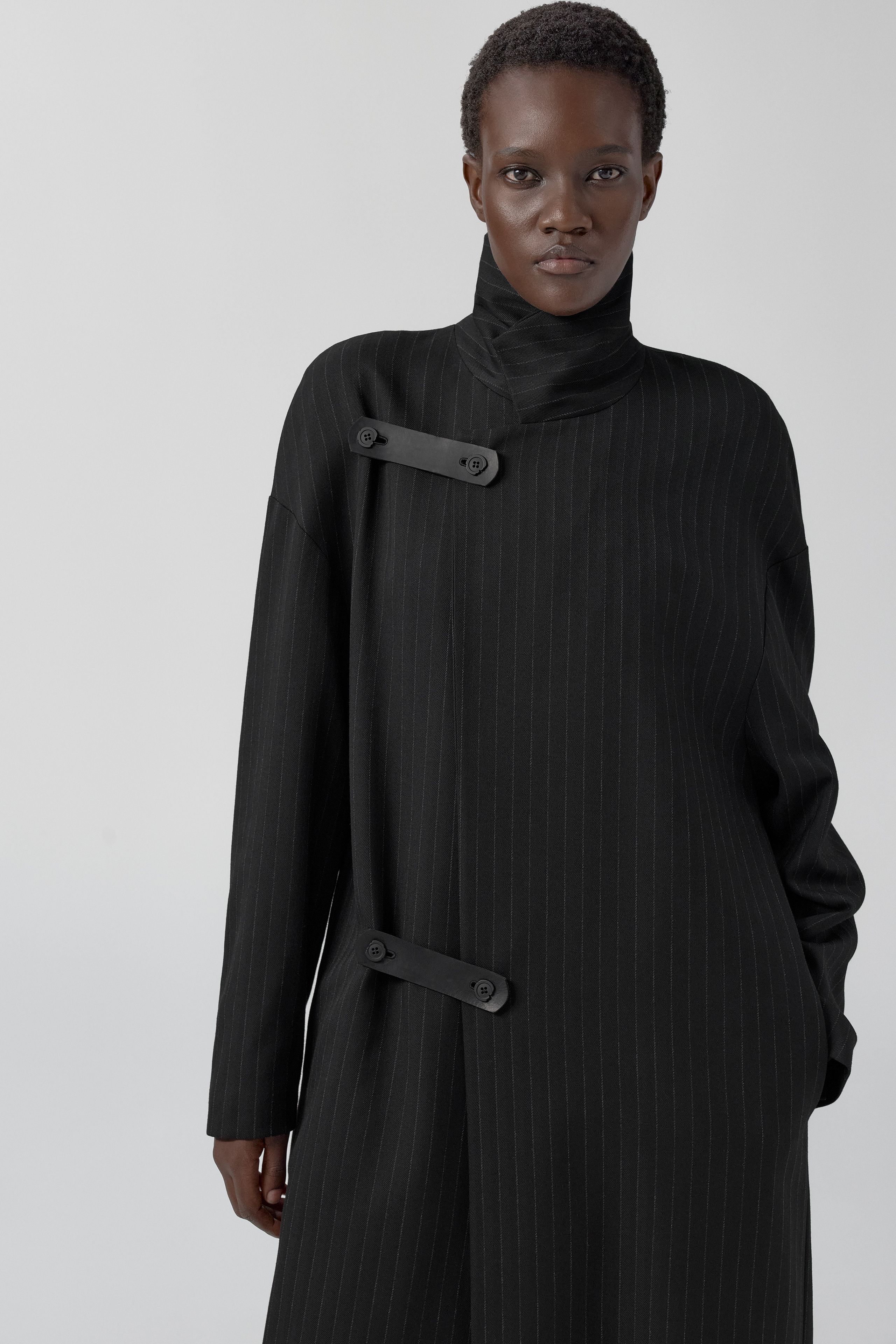 Orlan Coat - Black Pinstripe Viscose | Miista