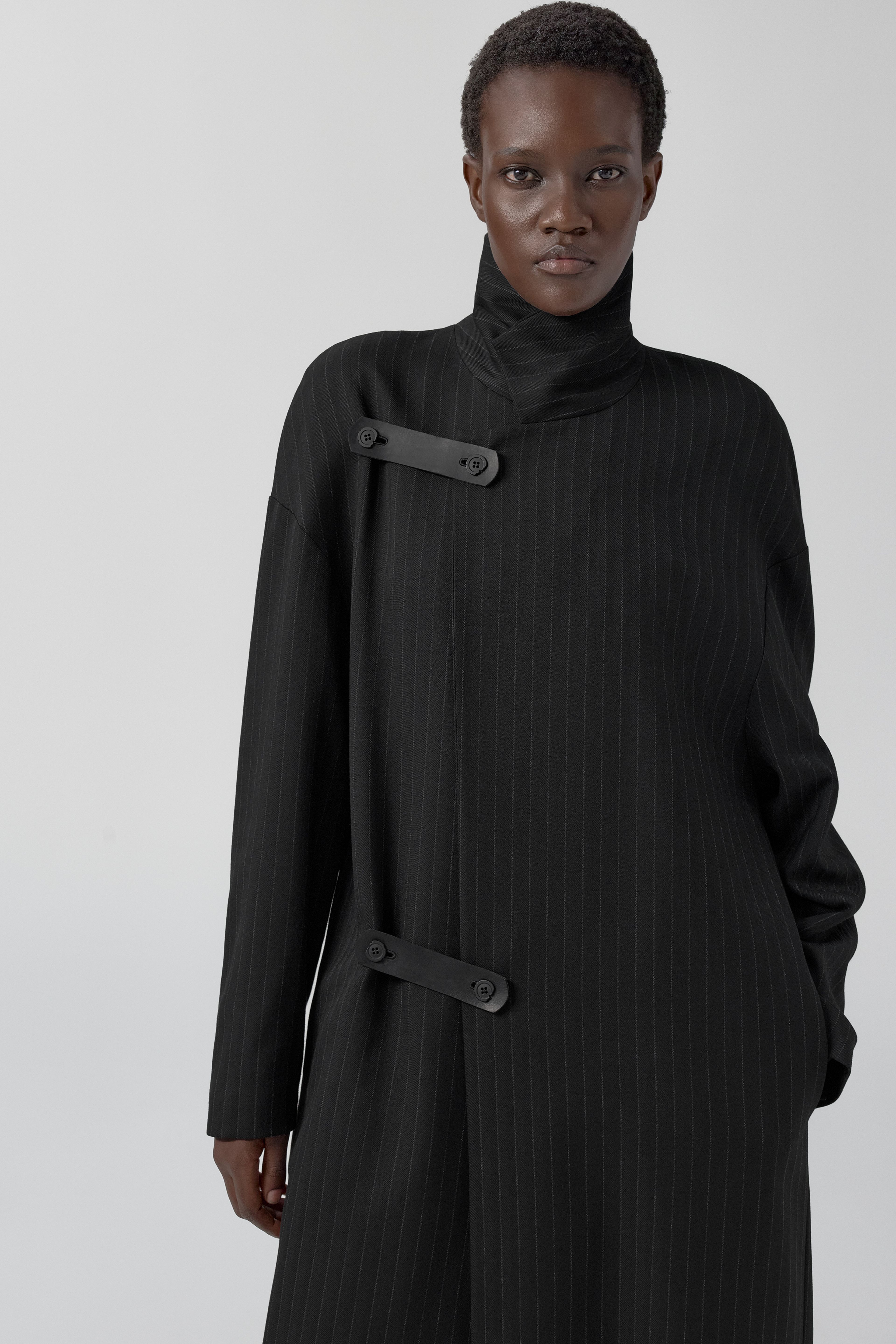 Orlan Coat - Black Pinstripe Viscose | Miista | Designed & Handmade in Europe