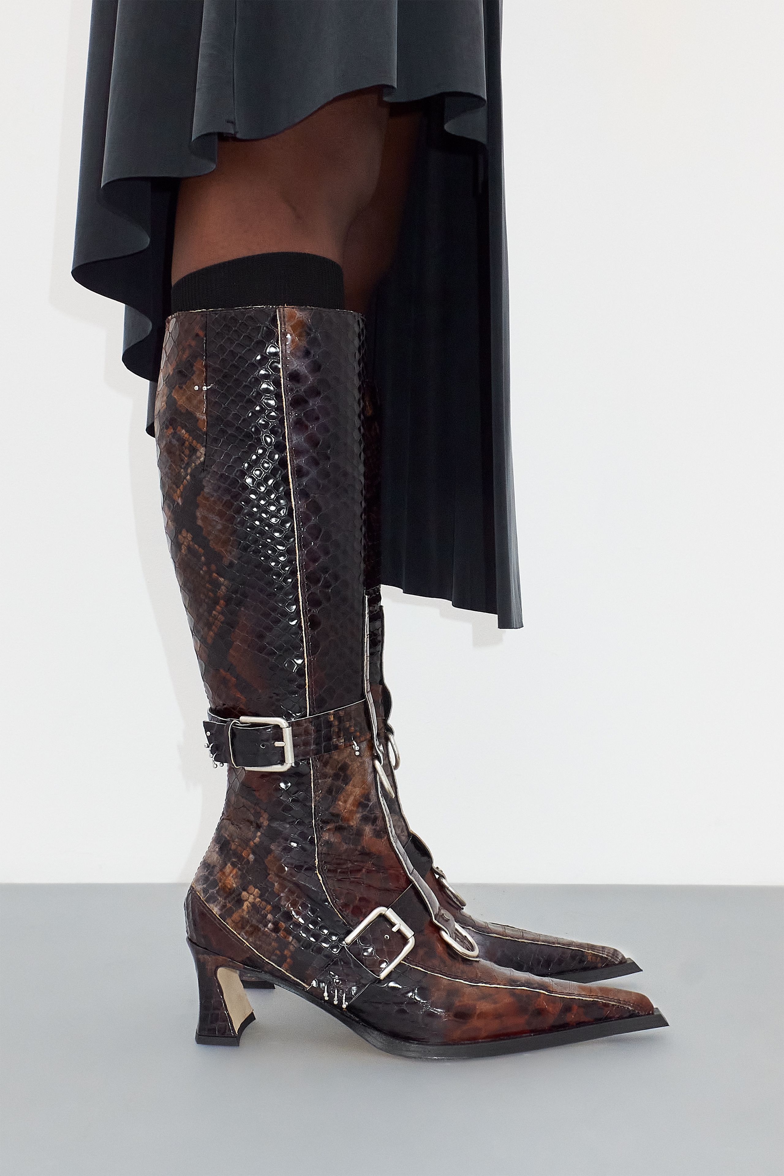 Knee High Miista Croc Boots Eliya Brown Snake Buckled Tall Boots