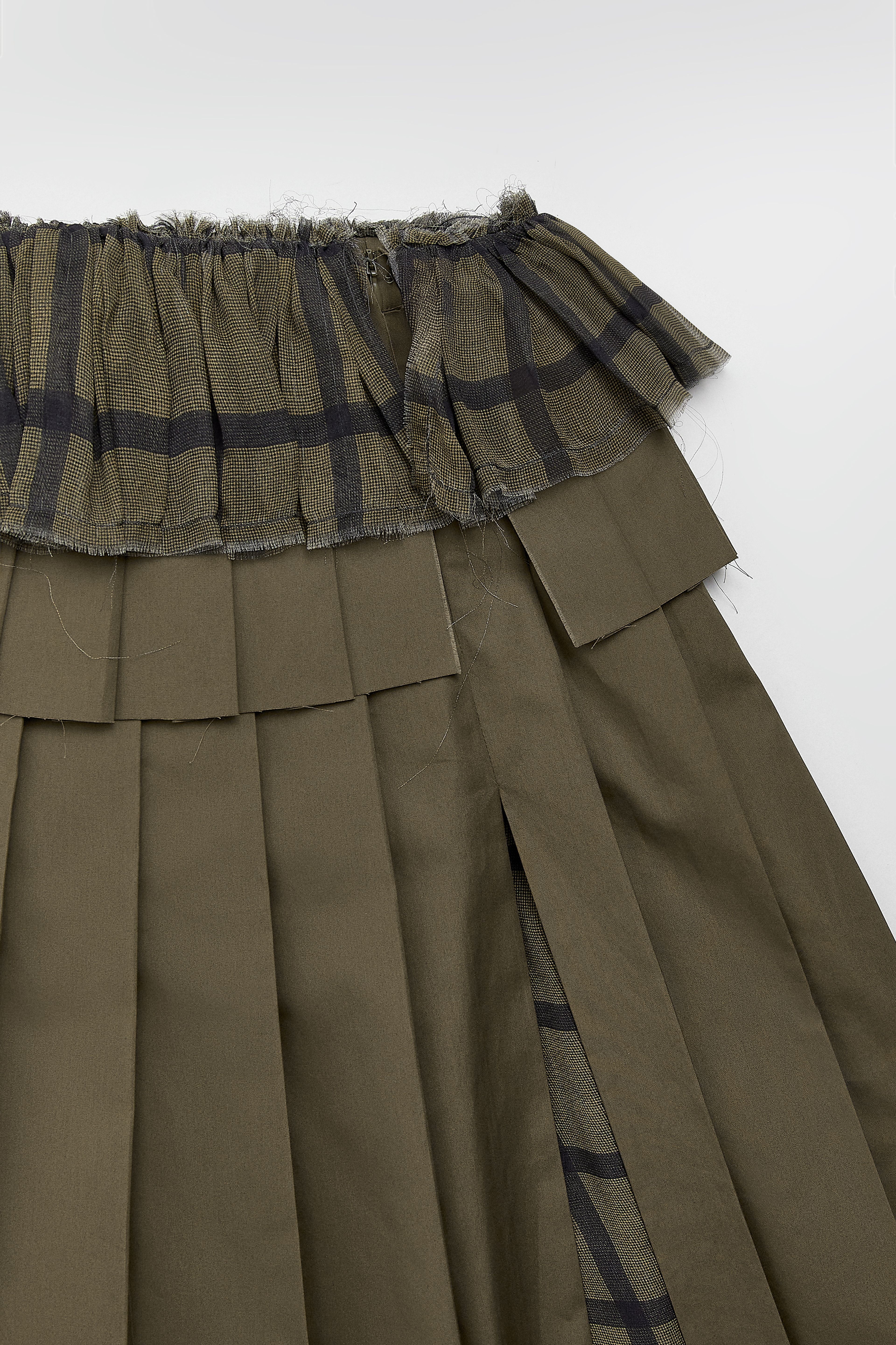Magde Khaki Asymmetrical Ruffle Checkered Skirt | Miista | Designed & Handmade in Europe
