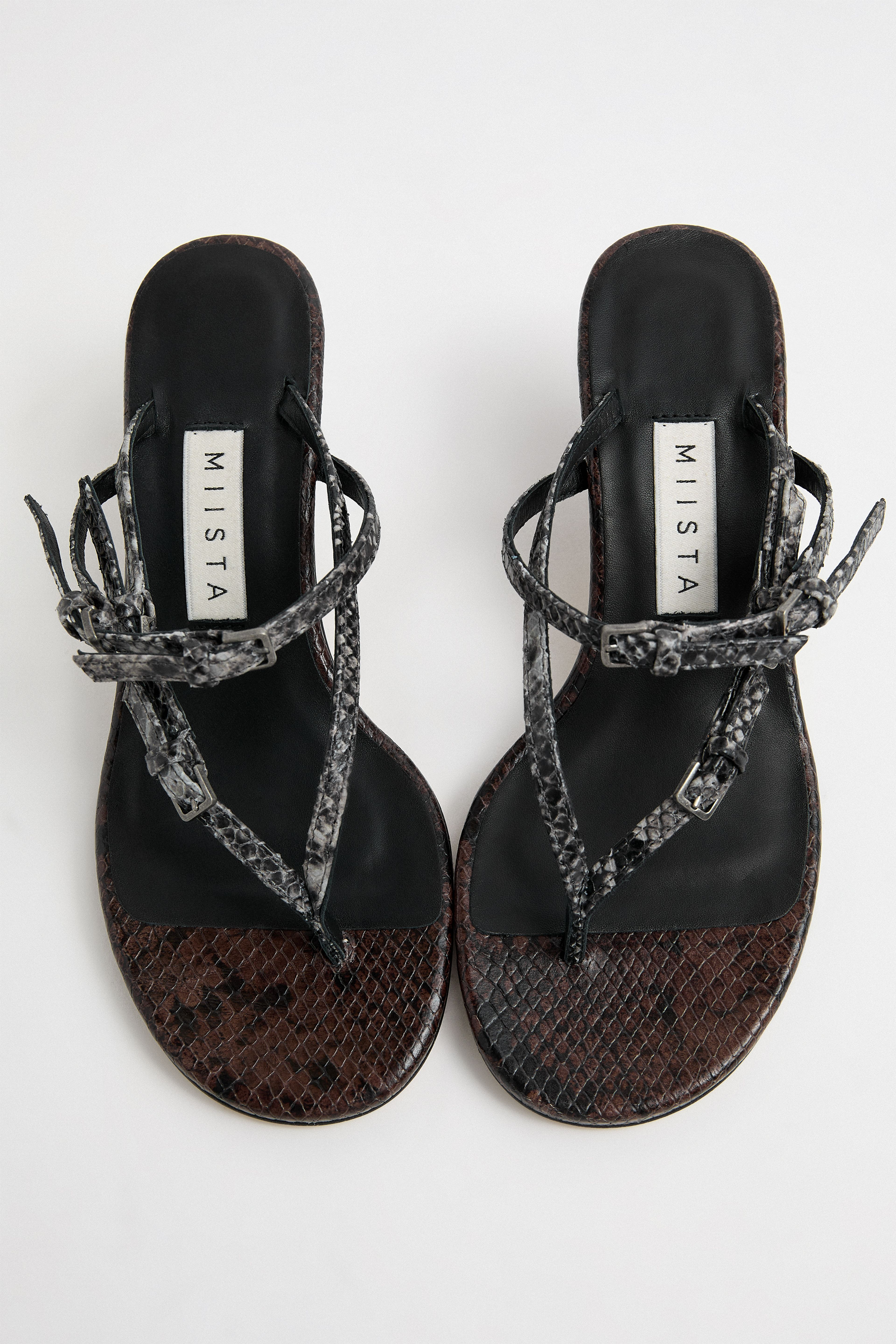 Abisai Brown and Grey Snake Mini Buckled Sandals | Miista | Designed & Handmade in Europe