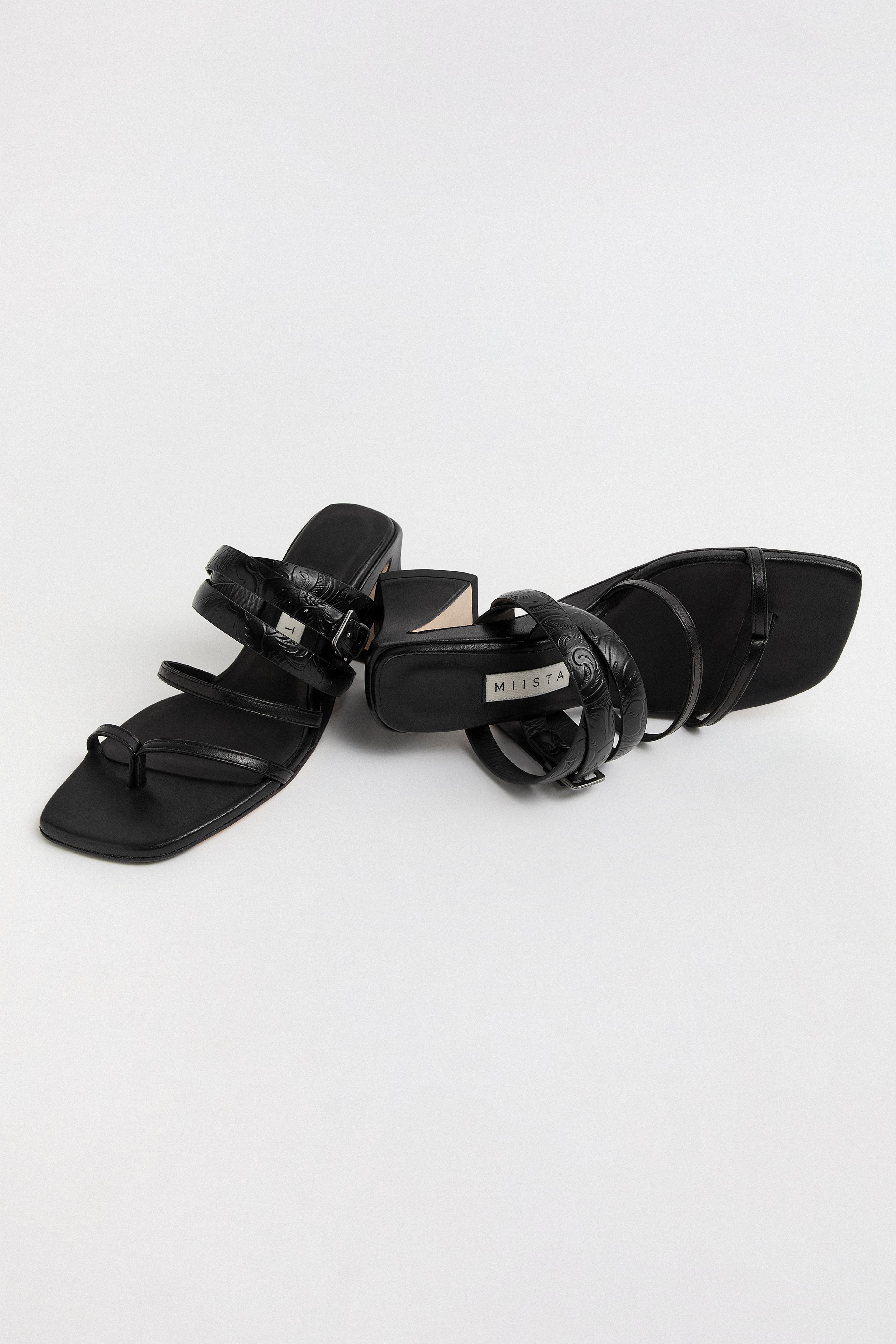 Shantala Black Embossed Belted Sandals | Miista | Designed & Handmade in Europe