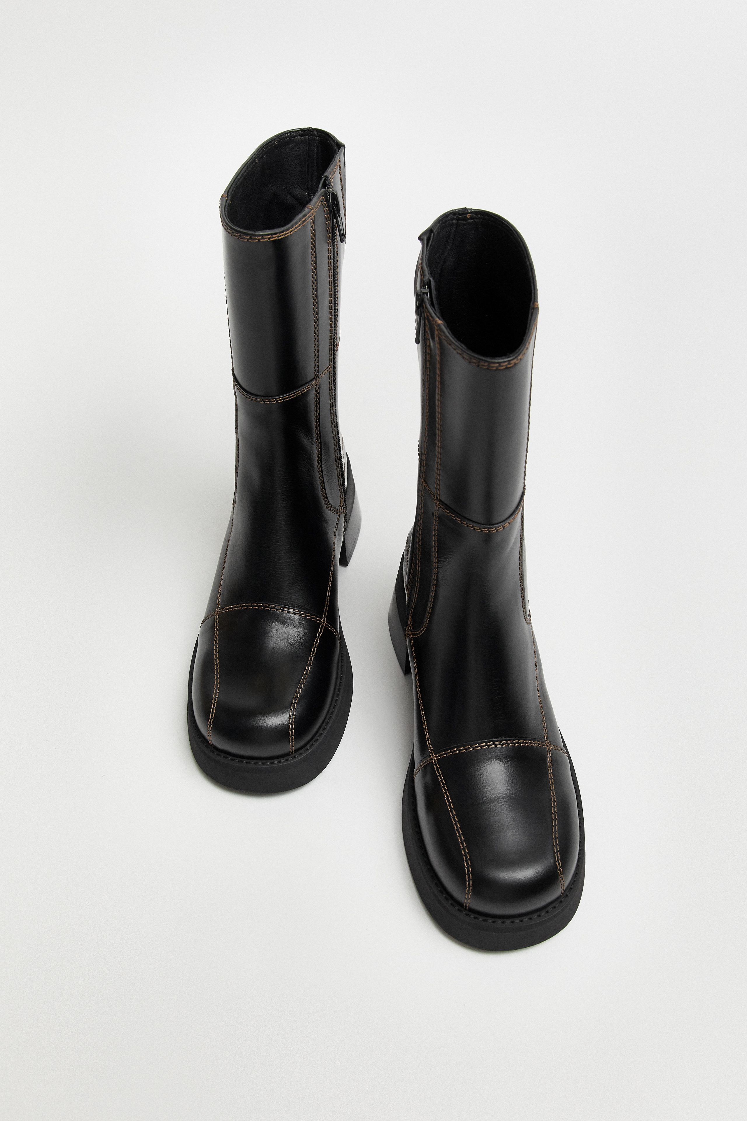 MIISTA ヘディ トールブーツ ブラックストレッチ Heya Black Brown Stitching Ankle Boots | Miista