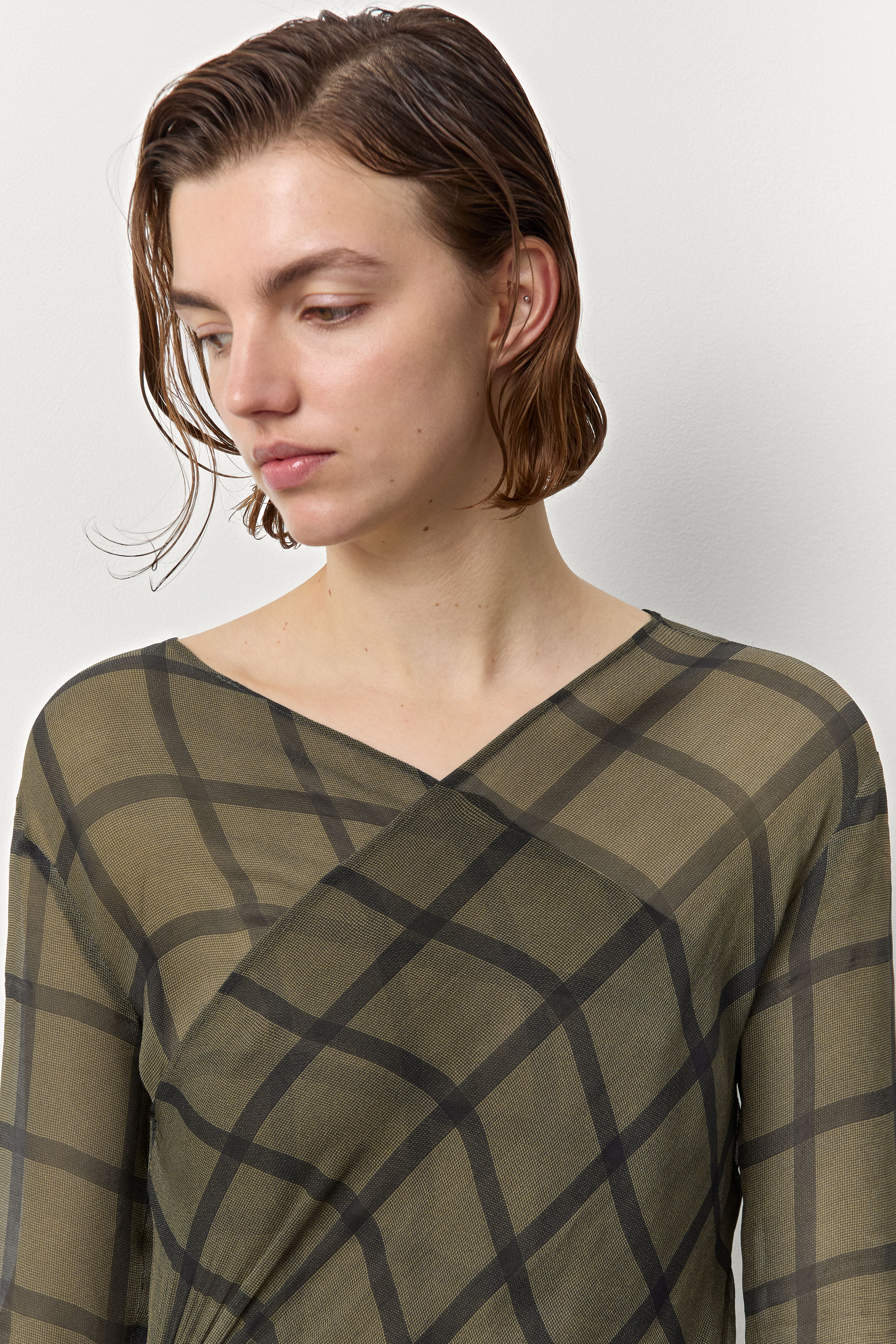 Gaia Beige And Navy Checked Asymmetrical Dress | Miista | Designed & Handmade in Europe