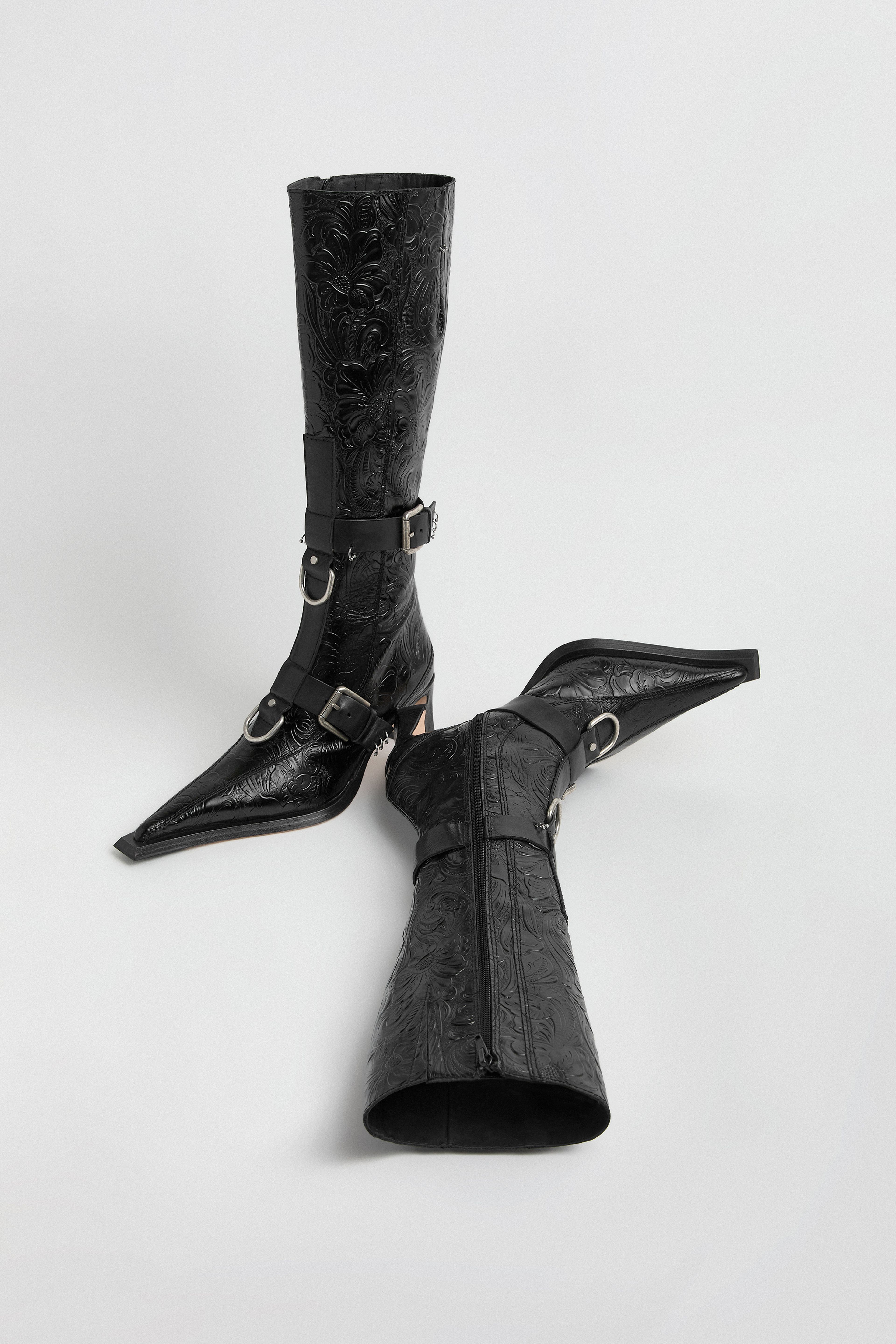 Eliya Black Embossed Buckled Tall Boots | Miista | Designed & Handmade in Europe