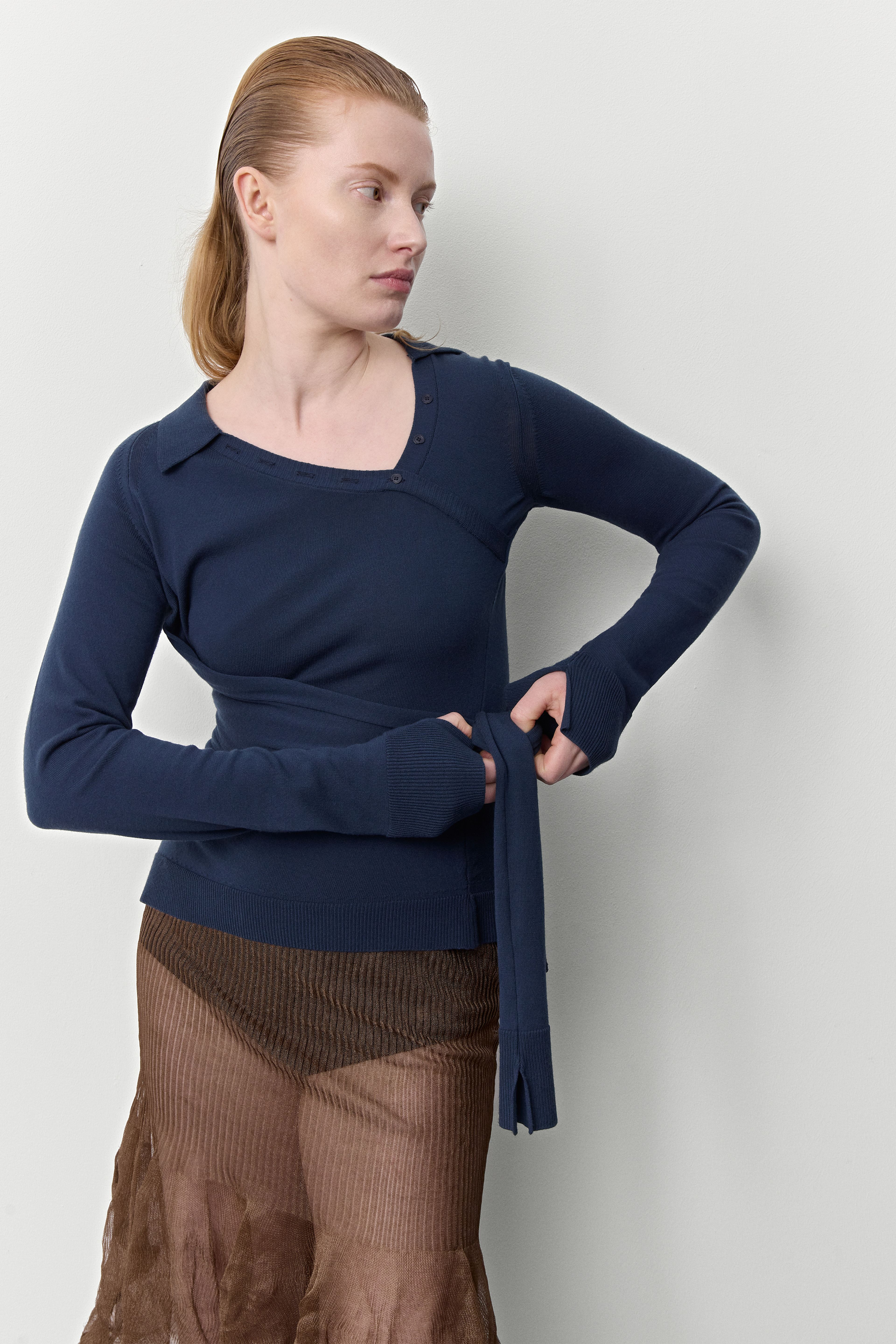 Alise Deep Blue Wrapped Knit Top | Miista | Designed & Handmade in Europe