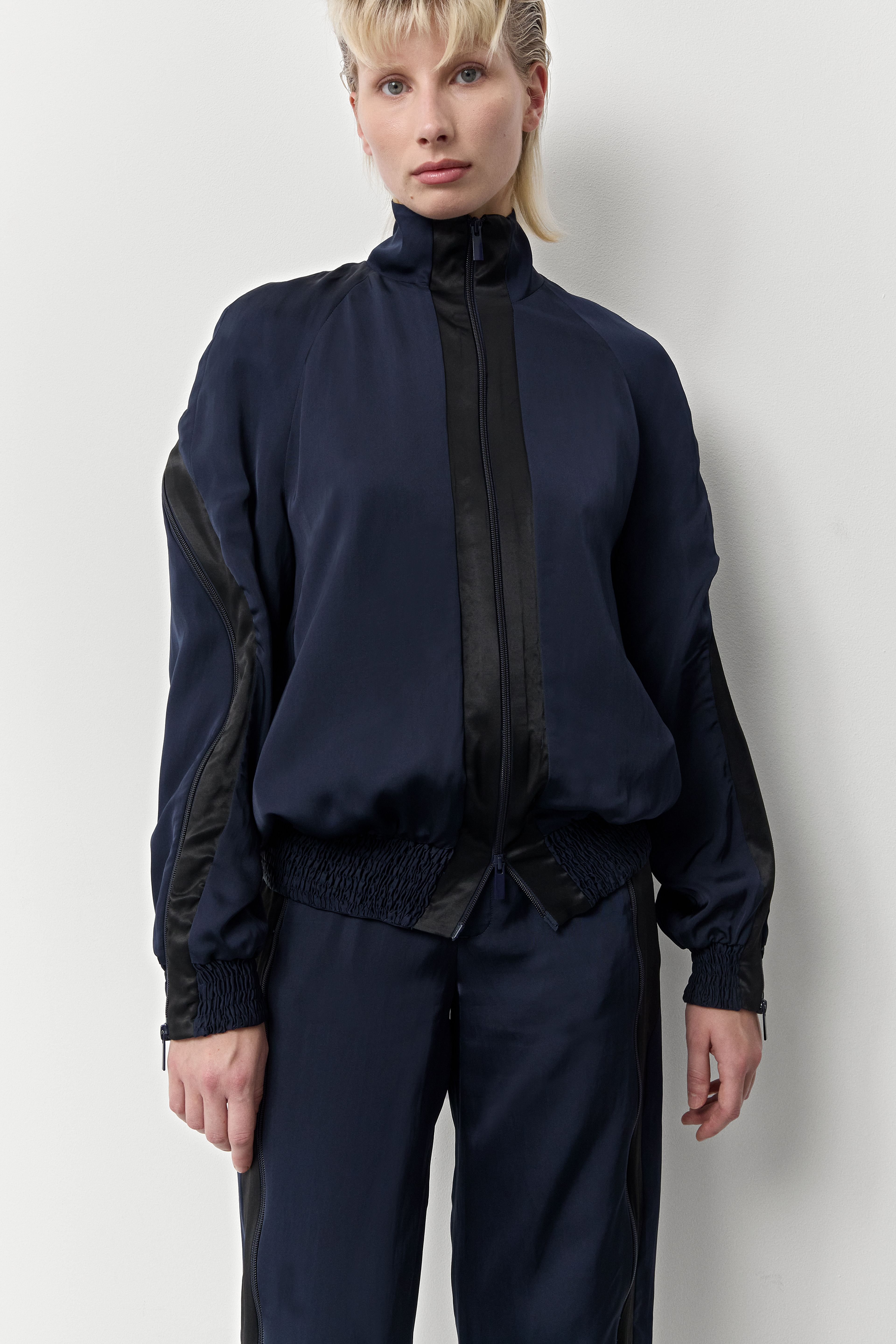 Cressida Deep Blue And Black Bomber Jacket | Miista | Designed & Handmade in Europe