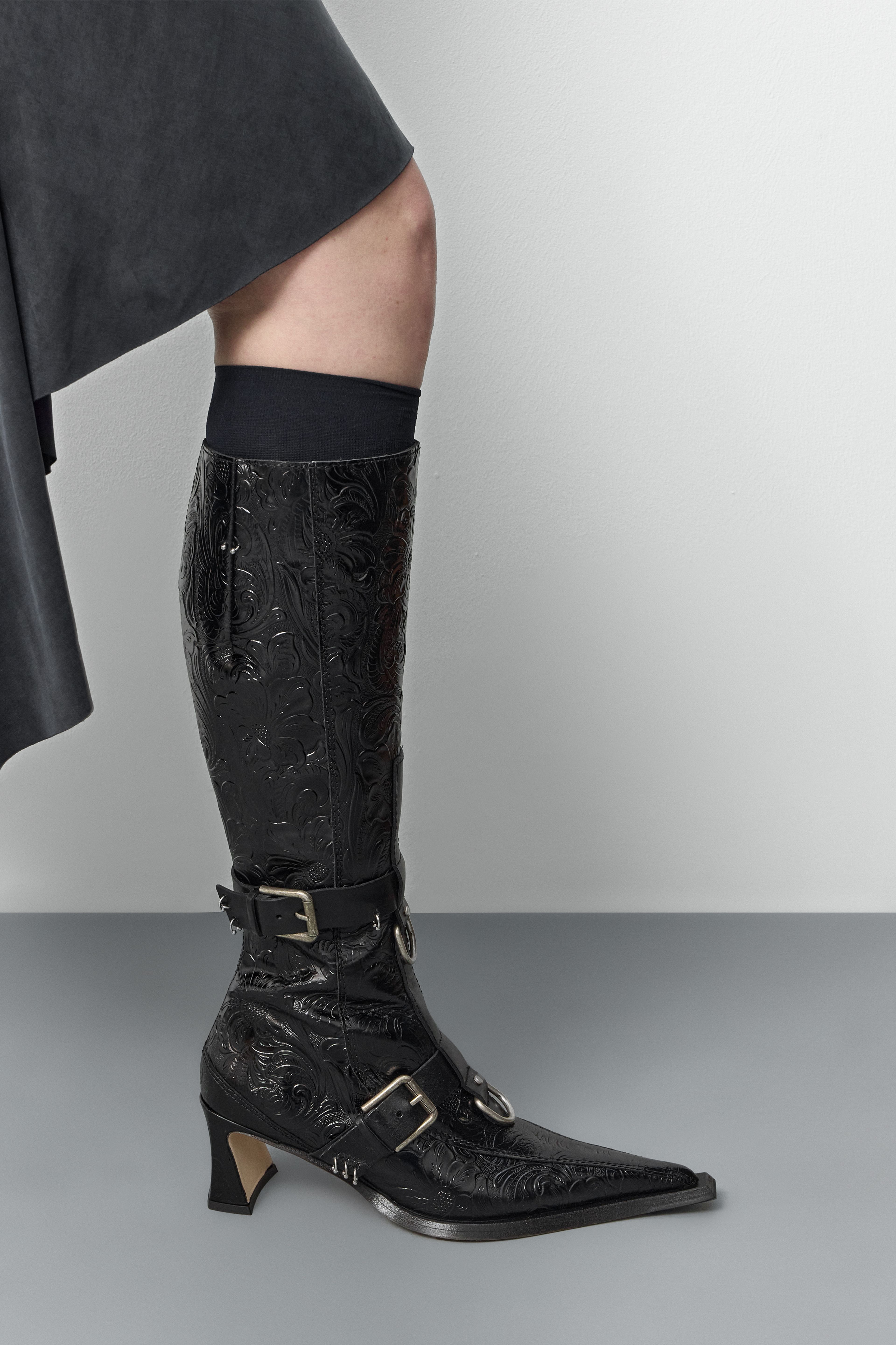 Eliya Black Embossed Buckled Tall Boots | Miista | Designed & Handmade in Europe