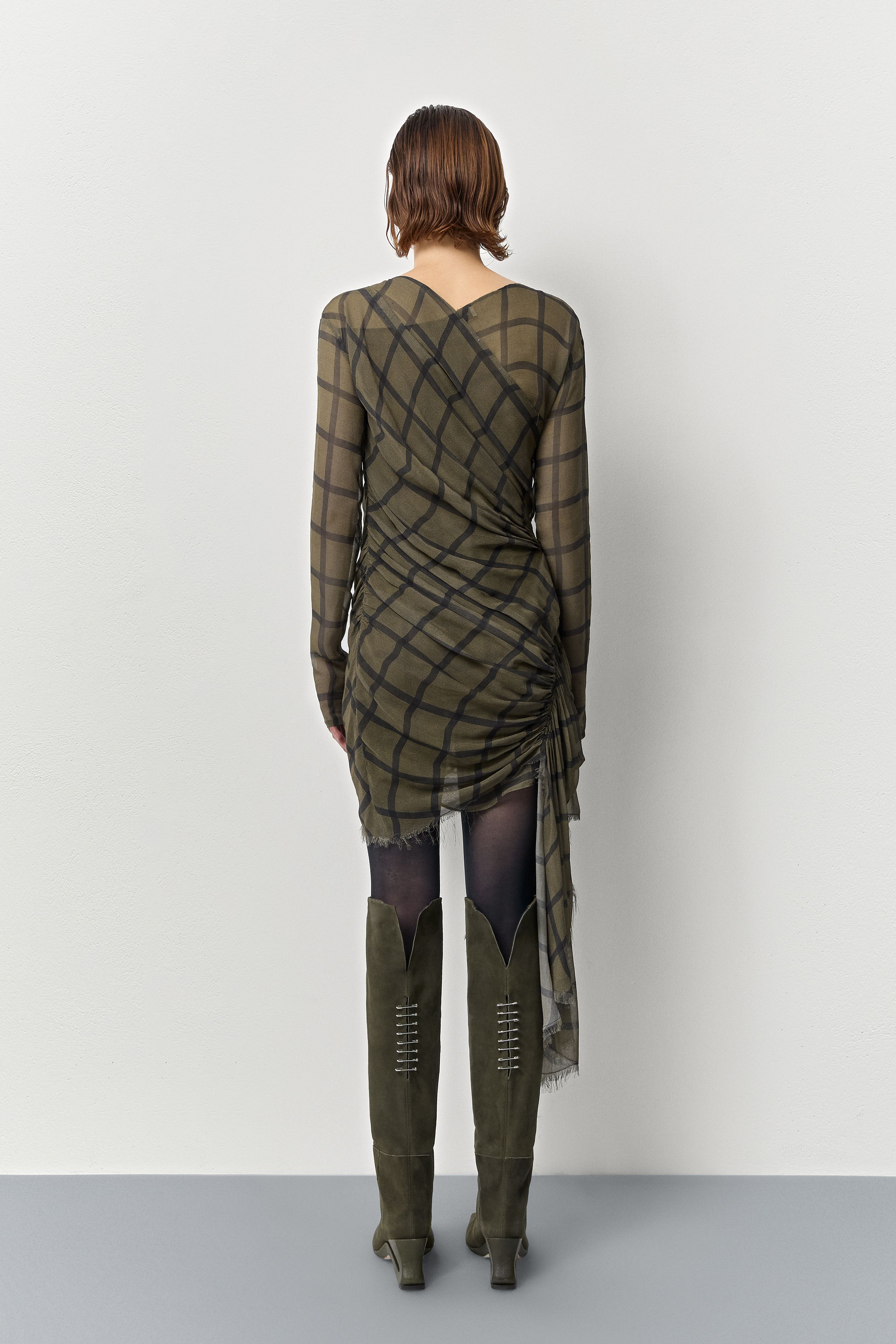 Gaia Beige And Navy Checked Asymmetrical Dress | Miista | Designed & Handmade in Europe