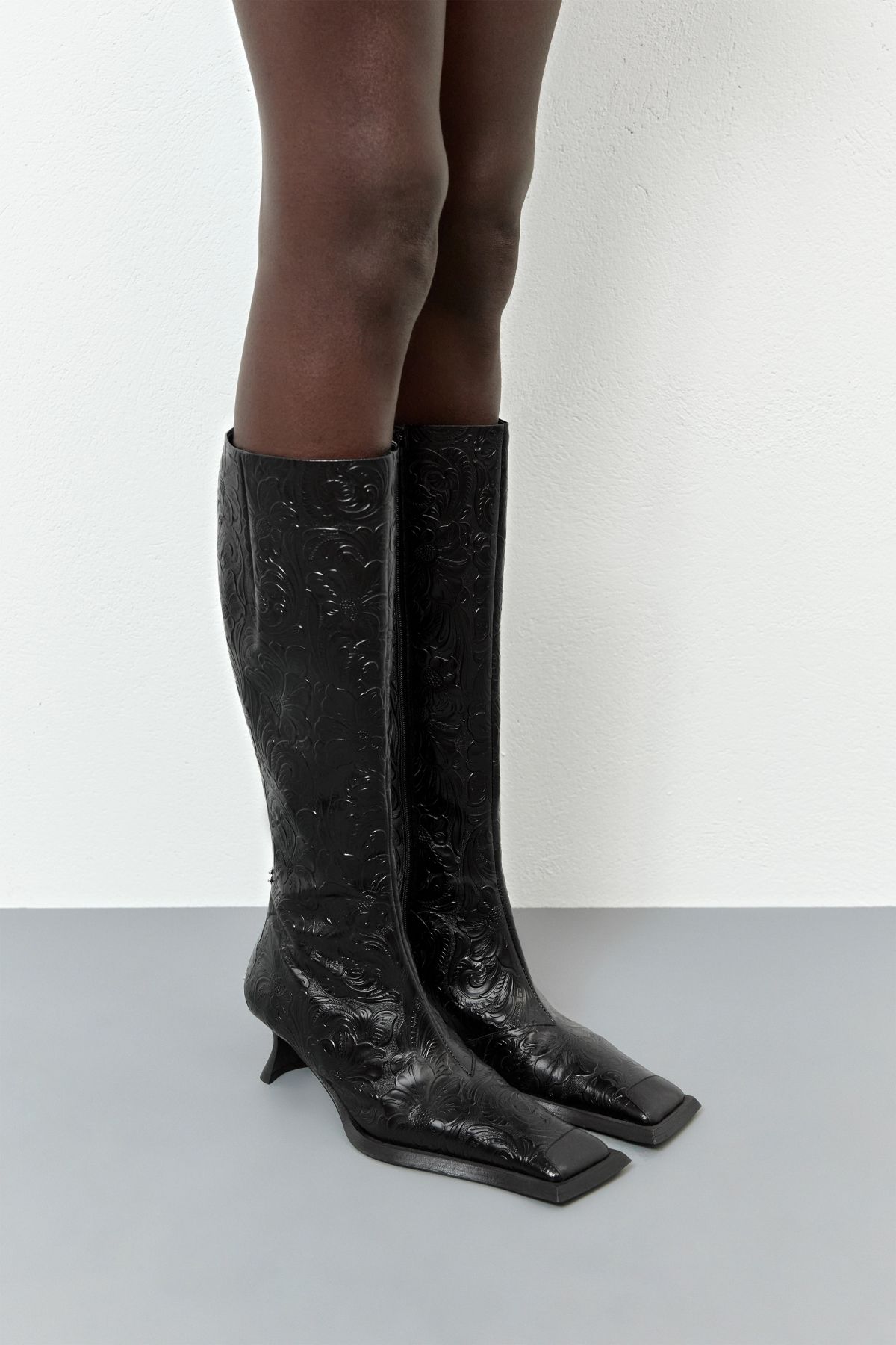 Alfreda Boots - Black Embossed Print Leather
