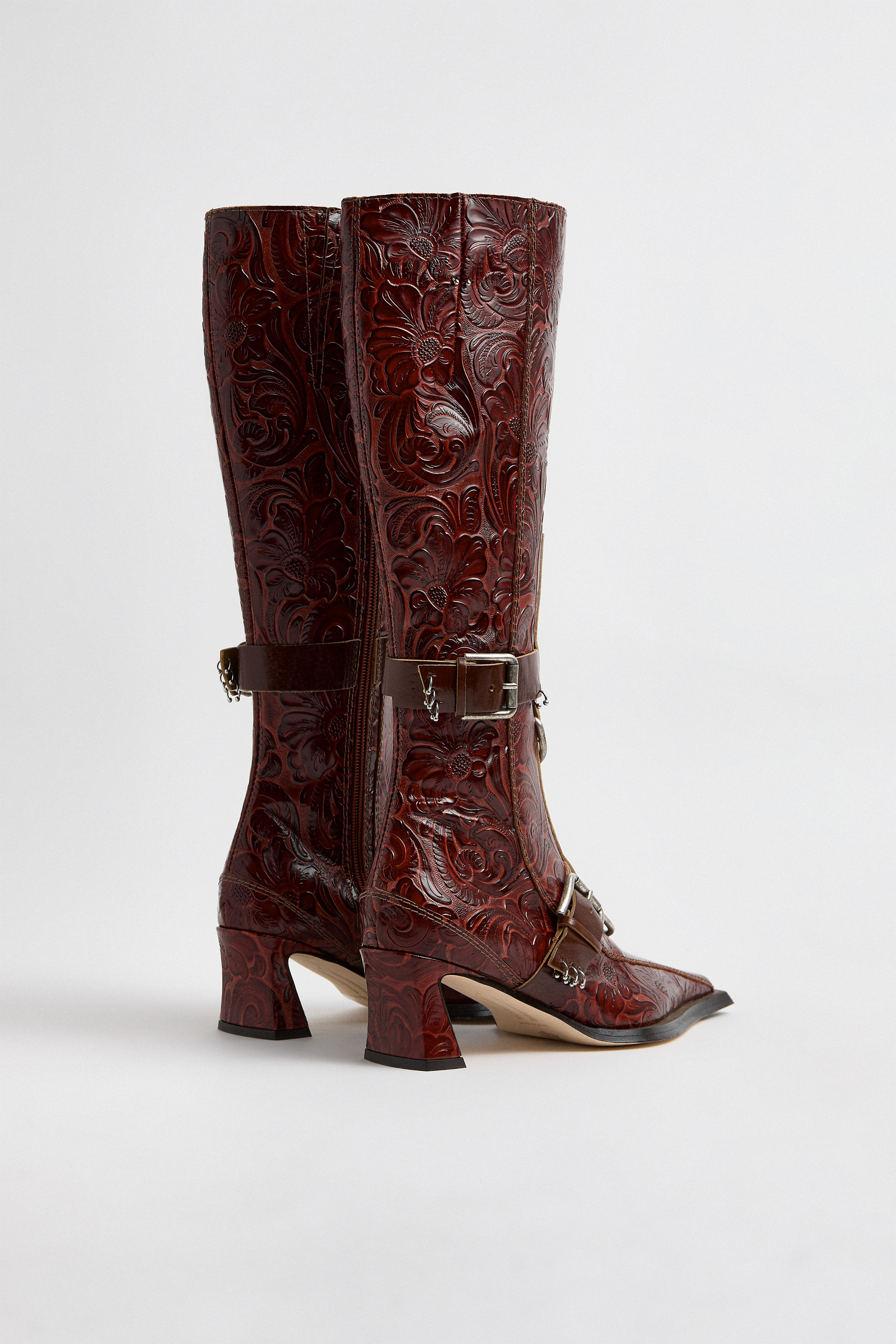 Eliya Brick Embossed Buckled Tall Boots | Miista | Designed & Handmade in Europe