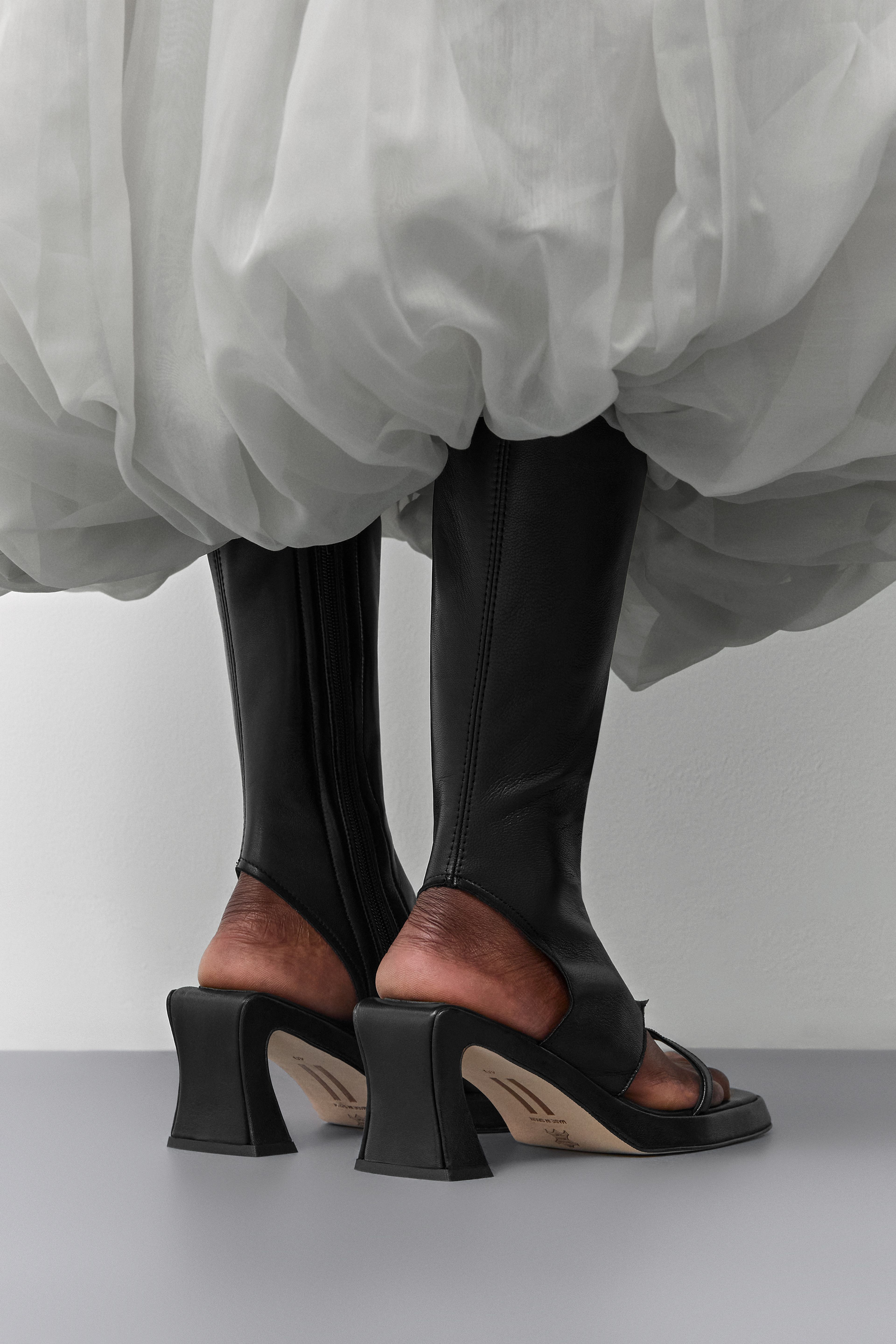 Sajana Black Thonge Heeled Sandal Tall Boots | Miista | Designed & Handmade in Europe