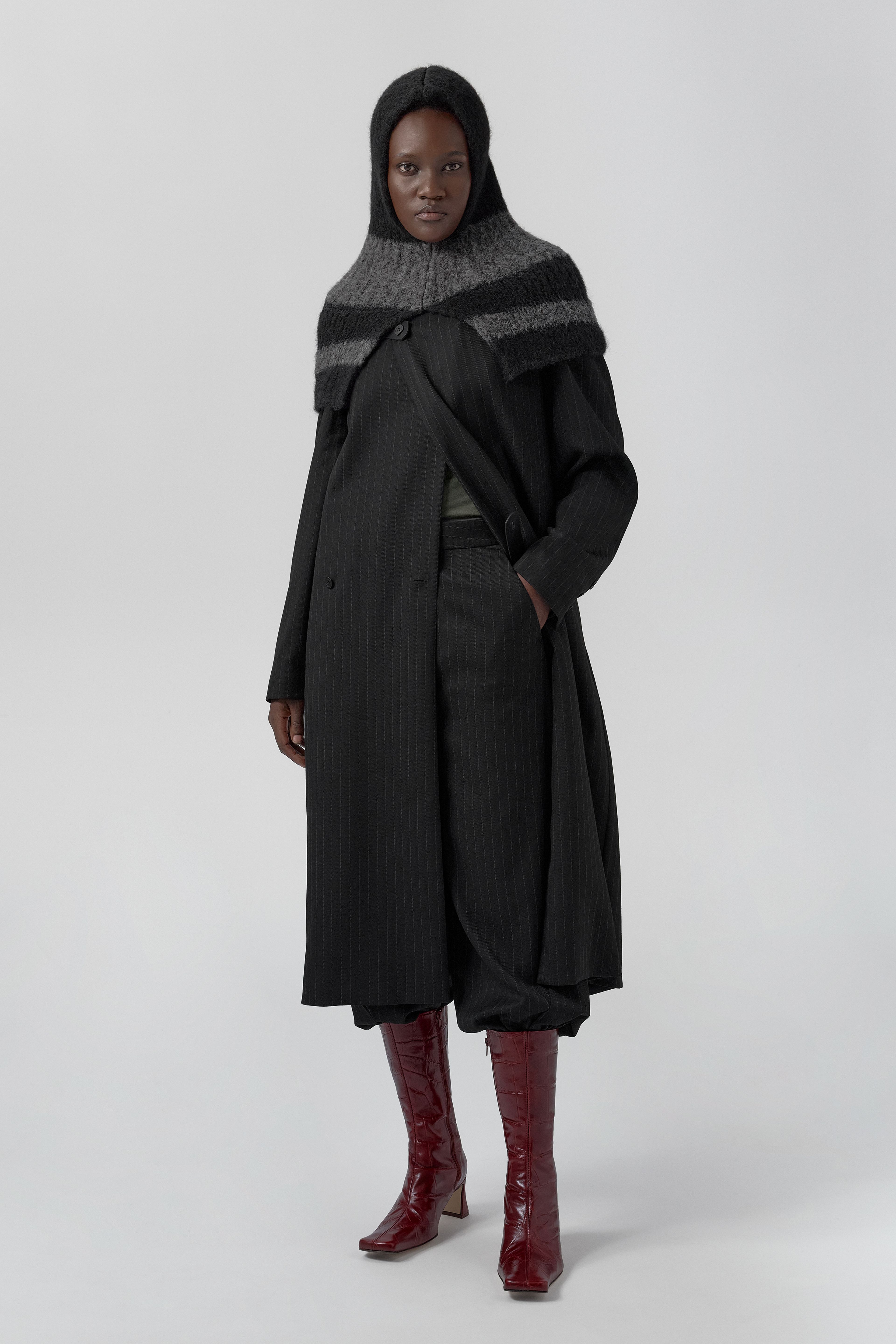 Orlan Coat - Black Pinstripe Viscose | Miista | Designed & Handmade in Europe