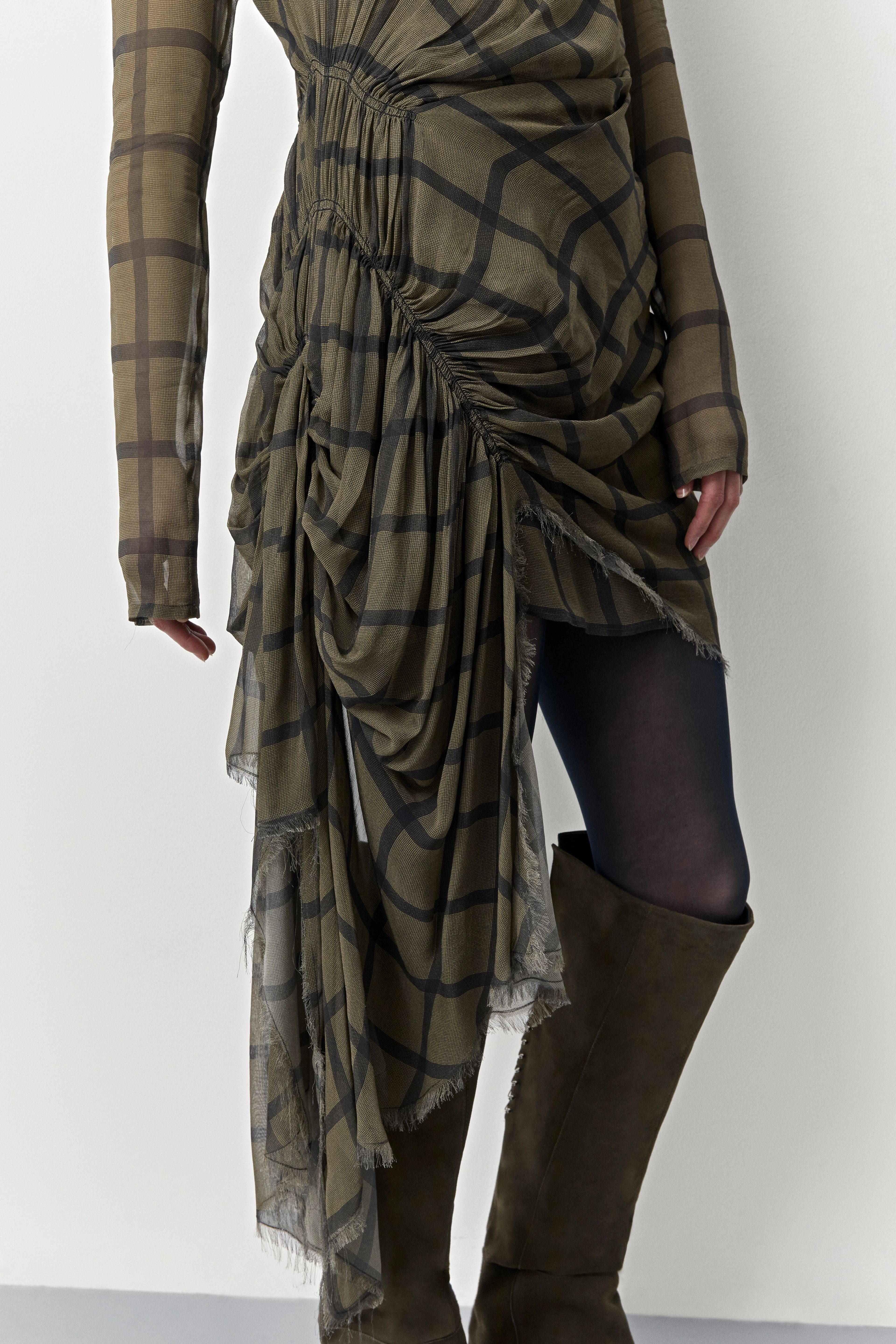 Gaia Beige And Navy Checked Asymmetrical Dress | Miista | Designed & Handmade in Europe