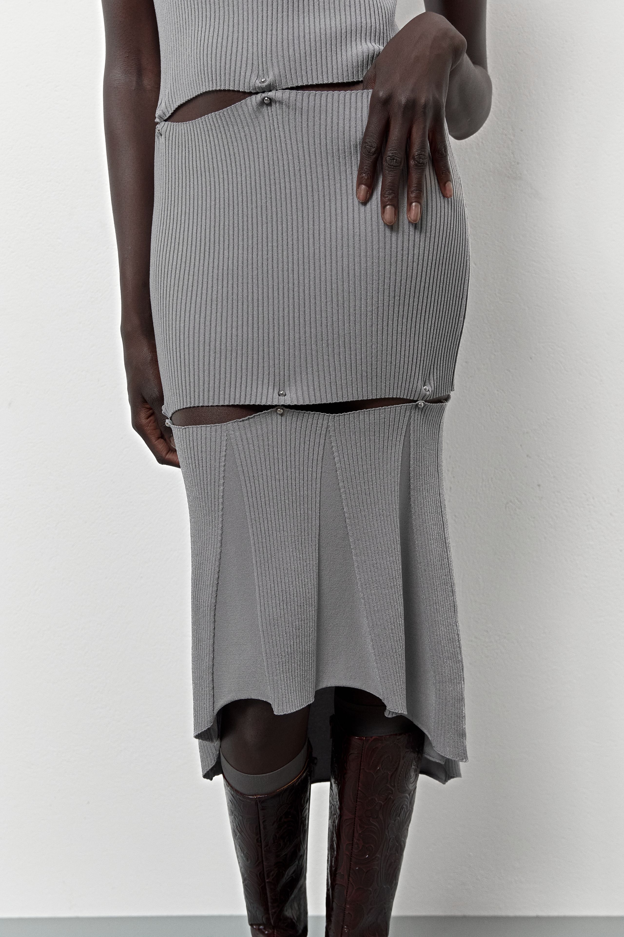 rib knit dress grey Red Bodycon Dress Ruffle Halter Neck main image 1