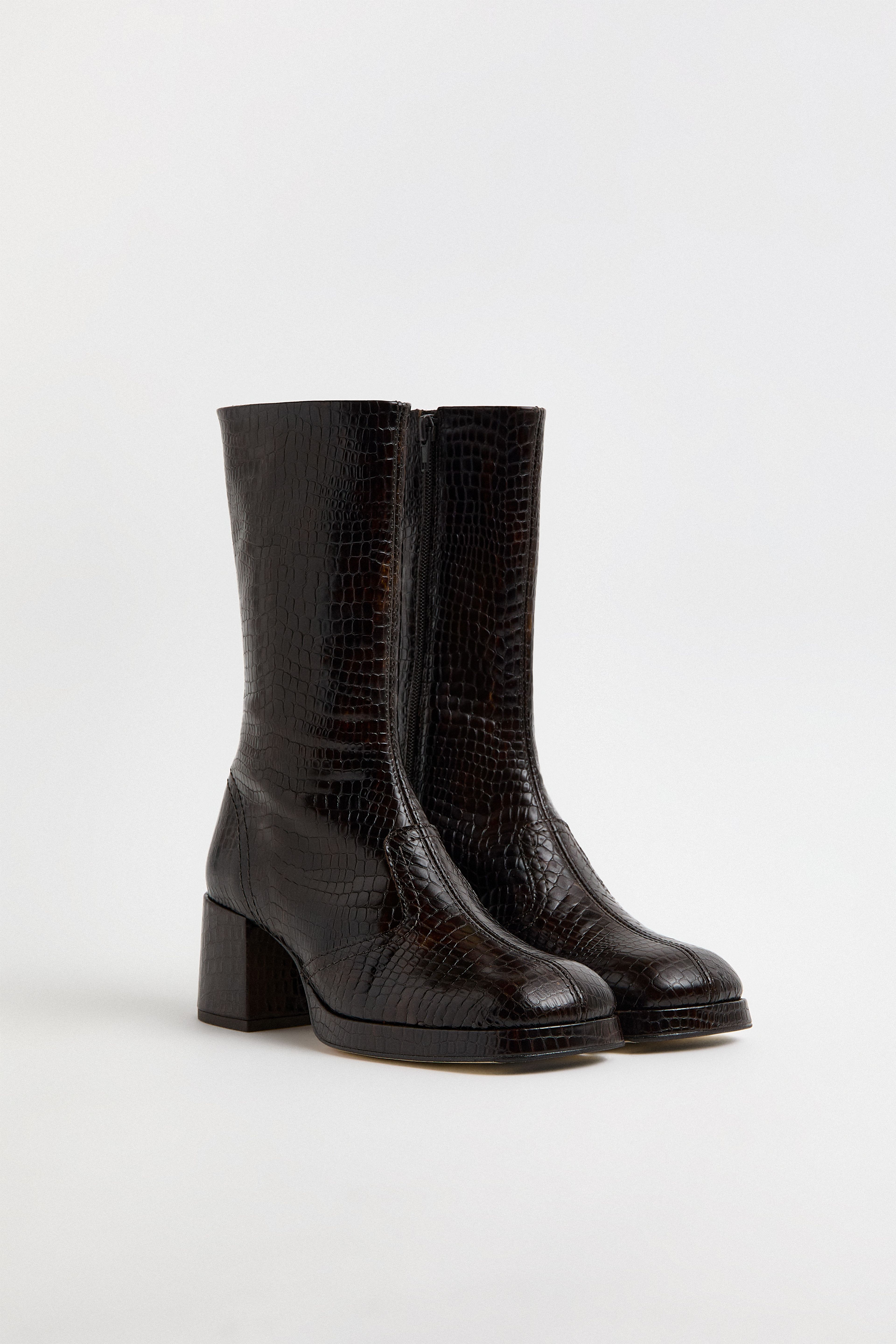 Cass Boots Brown Croco Embossed Leather | Miista | Designed & Handmade in Europe