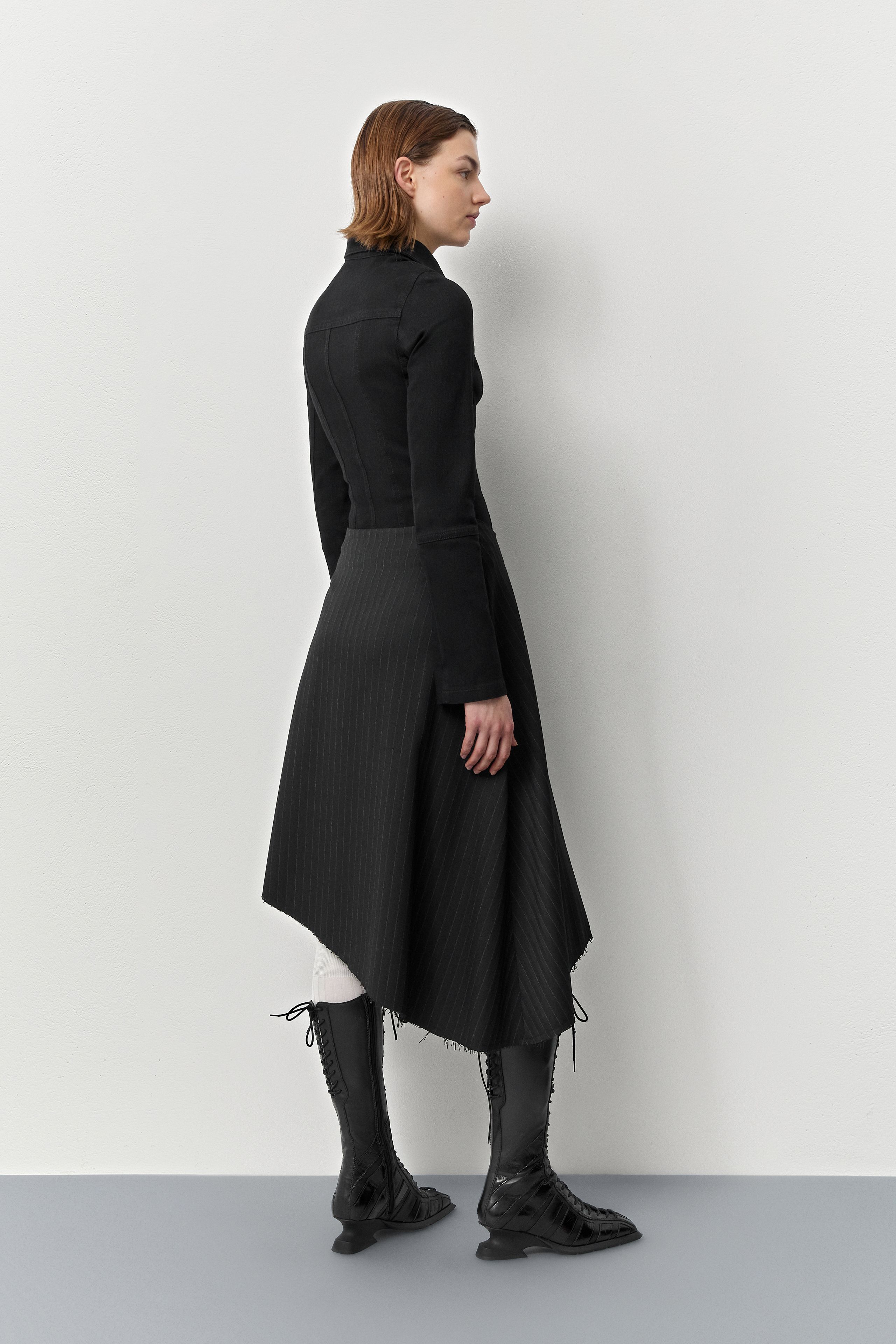 Kaia Skirt - Black Pinstripe Asymmetrical | Miista