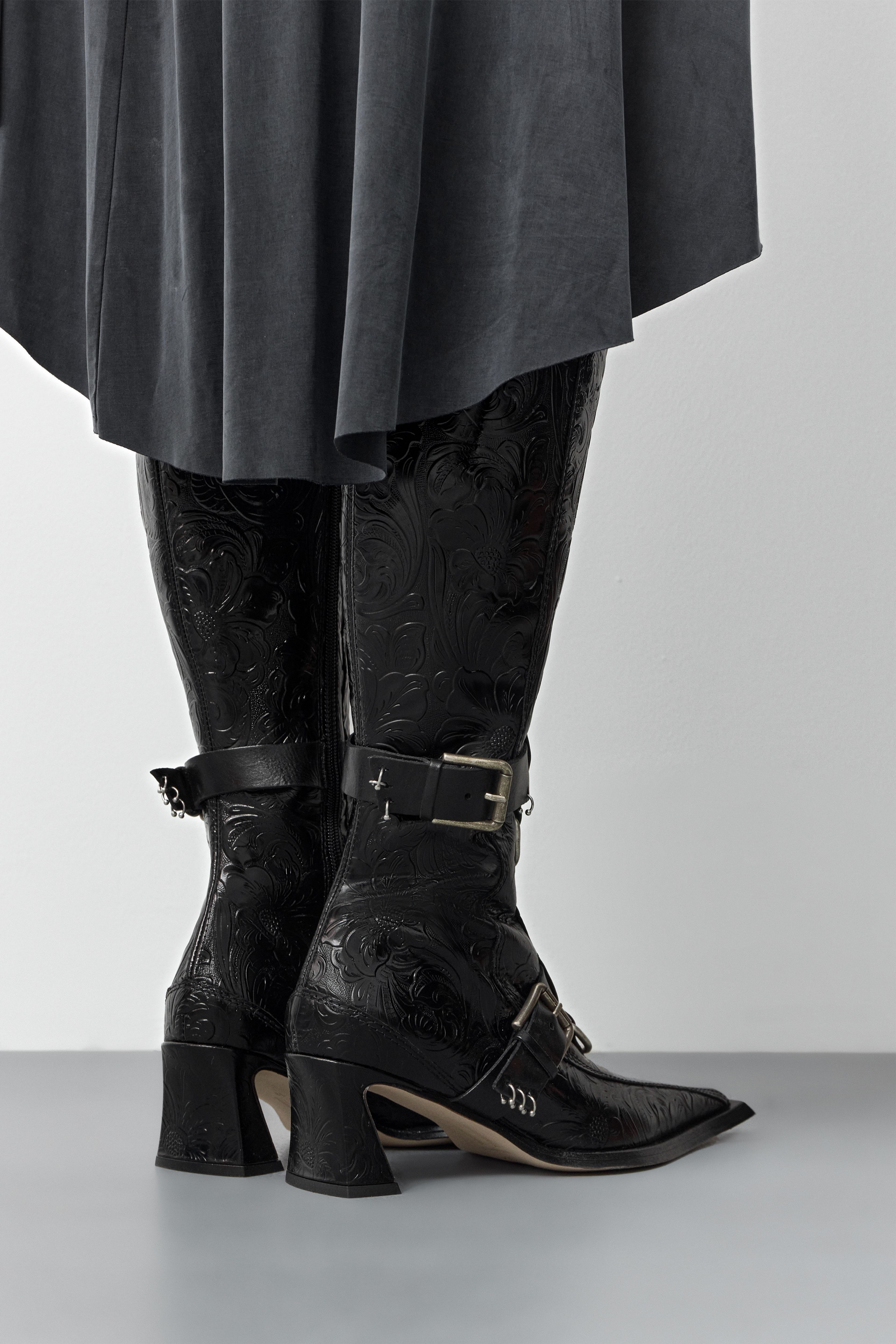 Eliya Black Embossed Buckled Tall Boots | Miista | Designed & Handmade in Europe