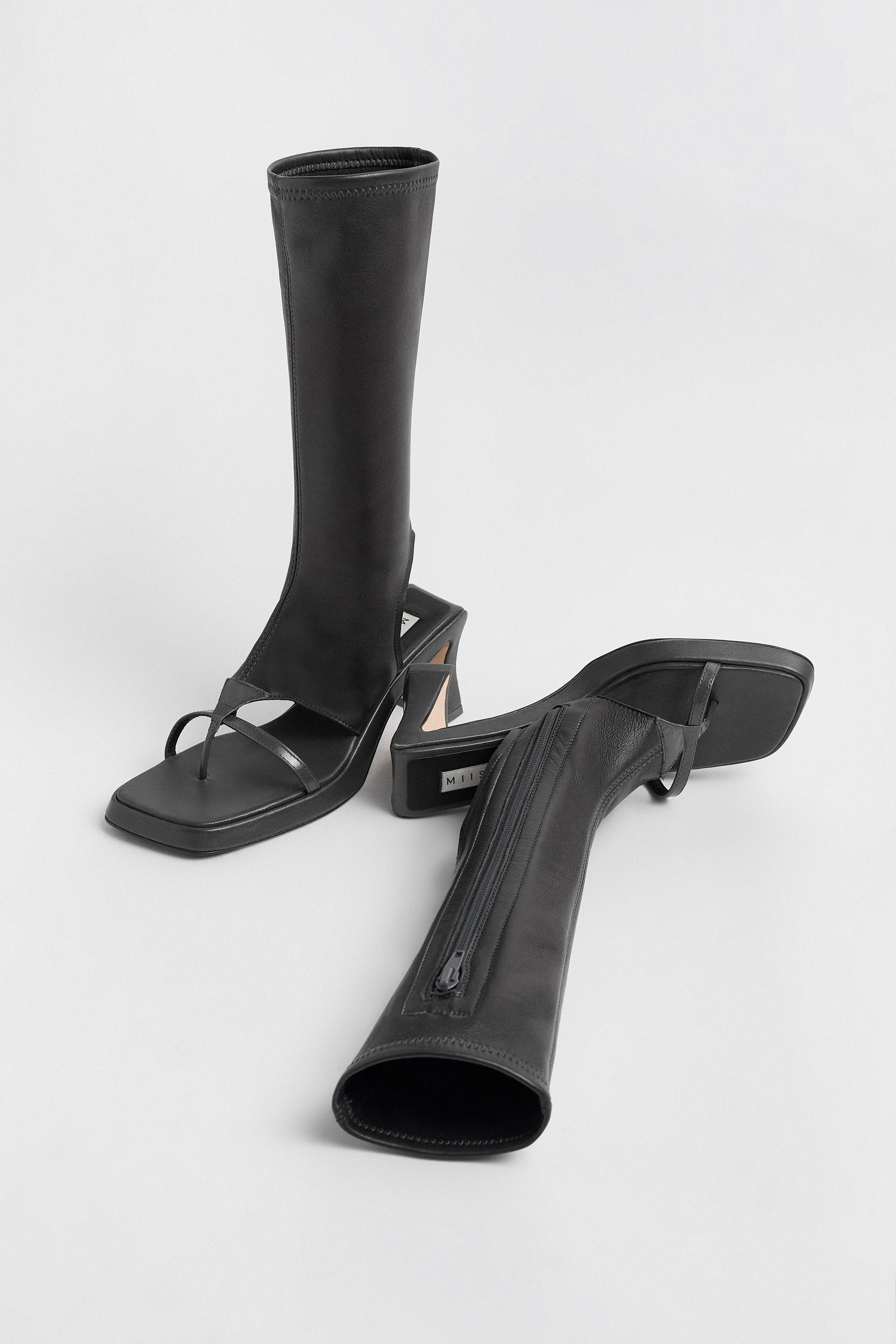 Sajana Dark Grey Thonge Heeled Sandal Tall Boots | Miista | Designed & Handmade in Europe