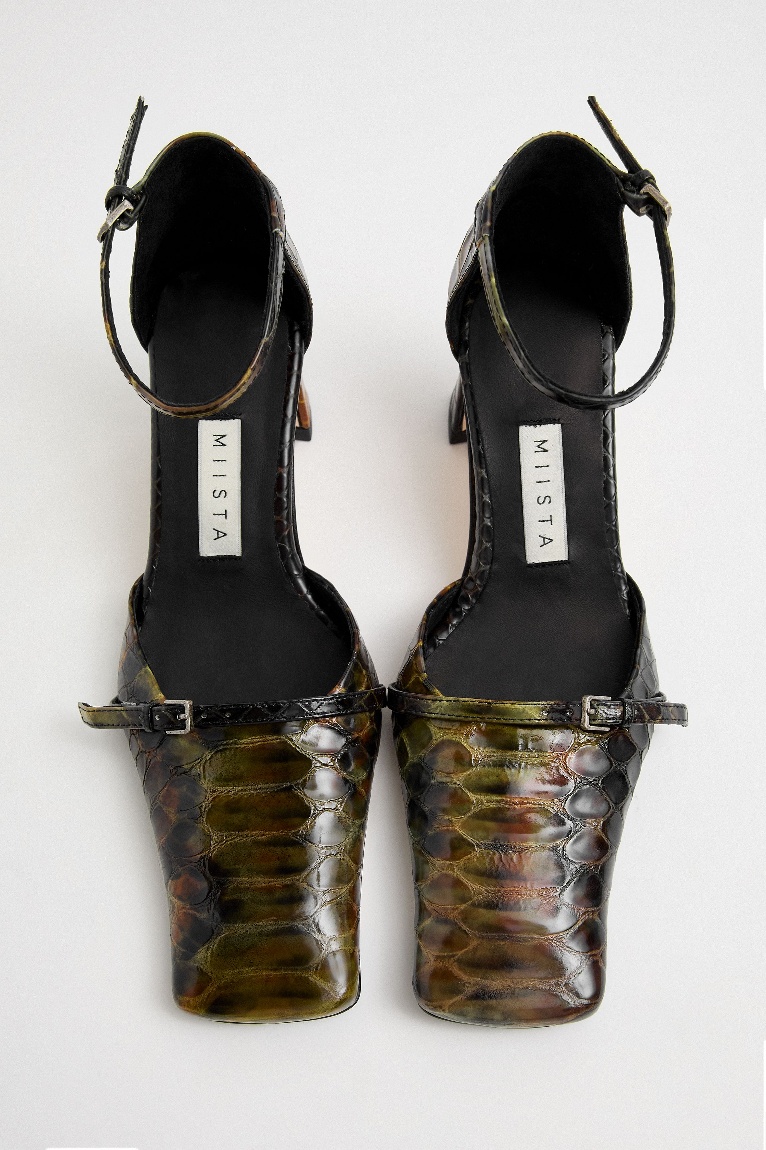 Agna Khaki Snake Mini Buckled Mary Jane Court Shoes | Miista | Designed & Handmade in Europe