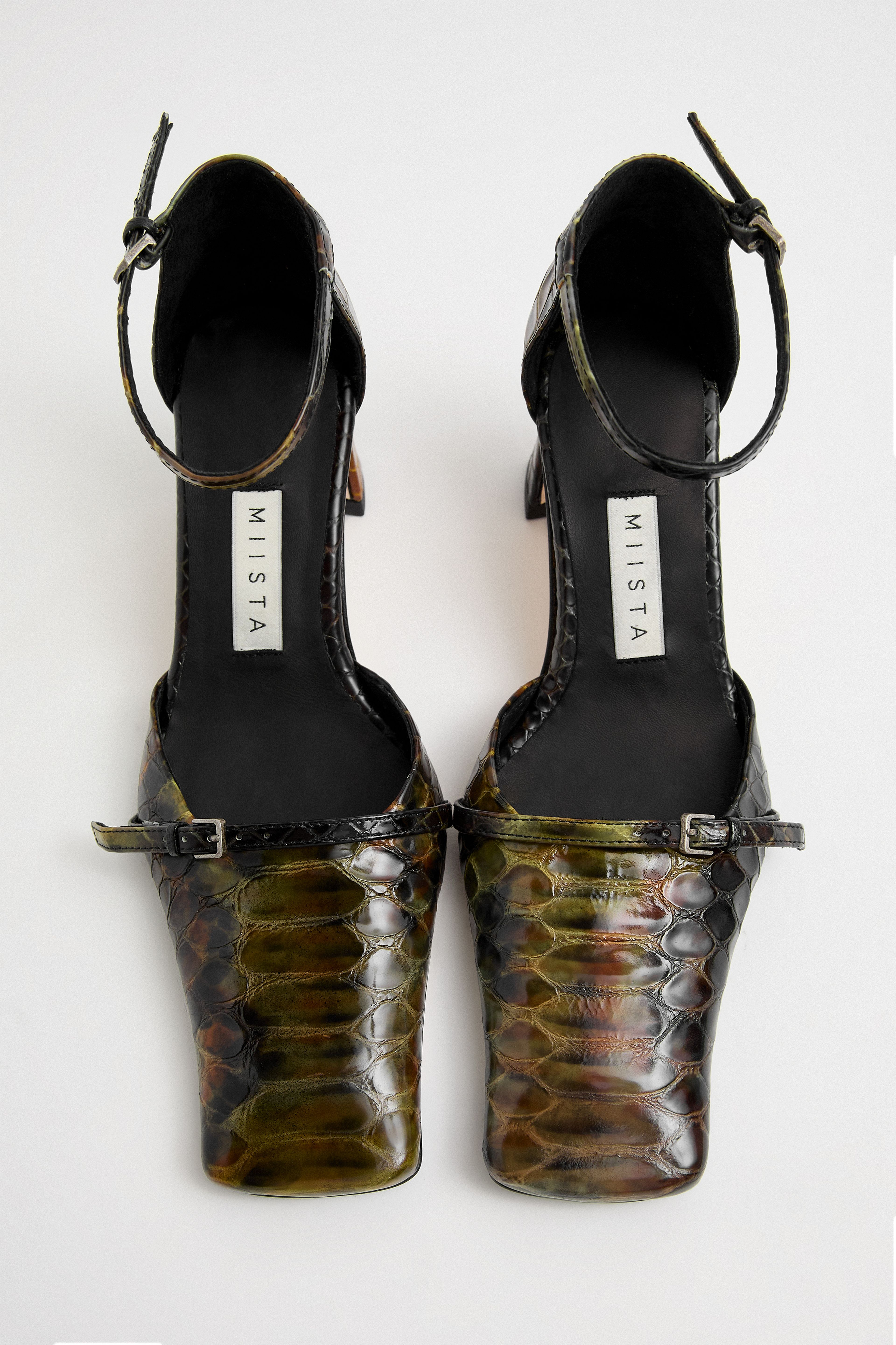 Agna Khaki Snake Mini Buckled Mary Jane Court Shoes | Miista | Designed & Handmade in Europe
