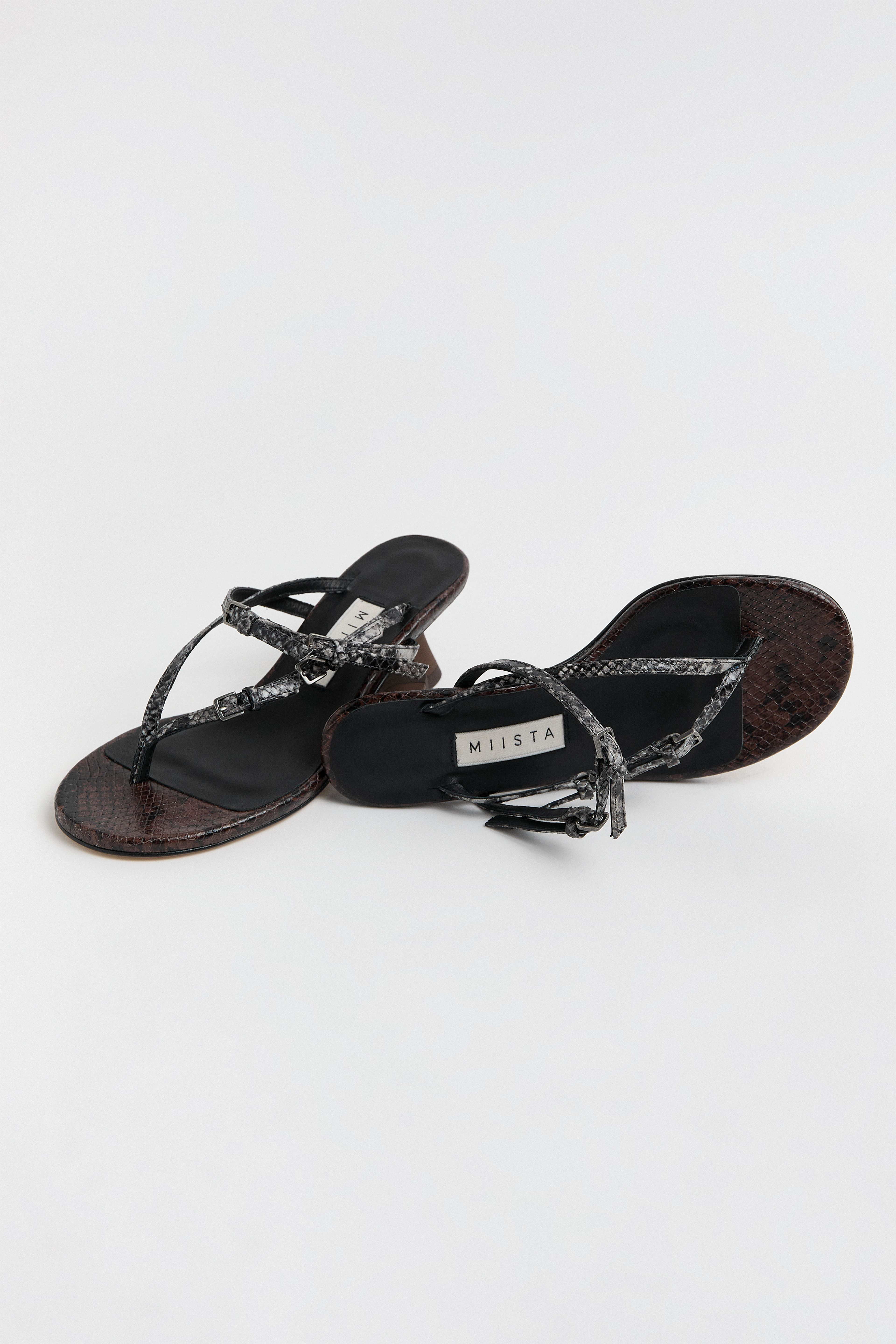Abisai Brown and Grey Snake Mini Buckled Sandals | Miista | Designed & Handmade in Europe