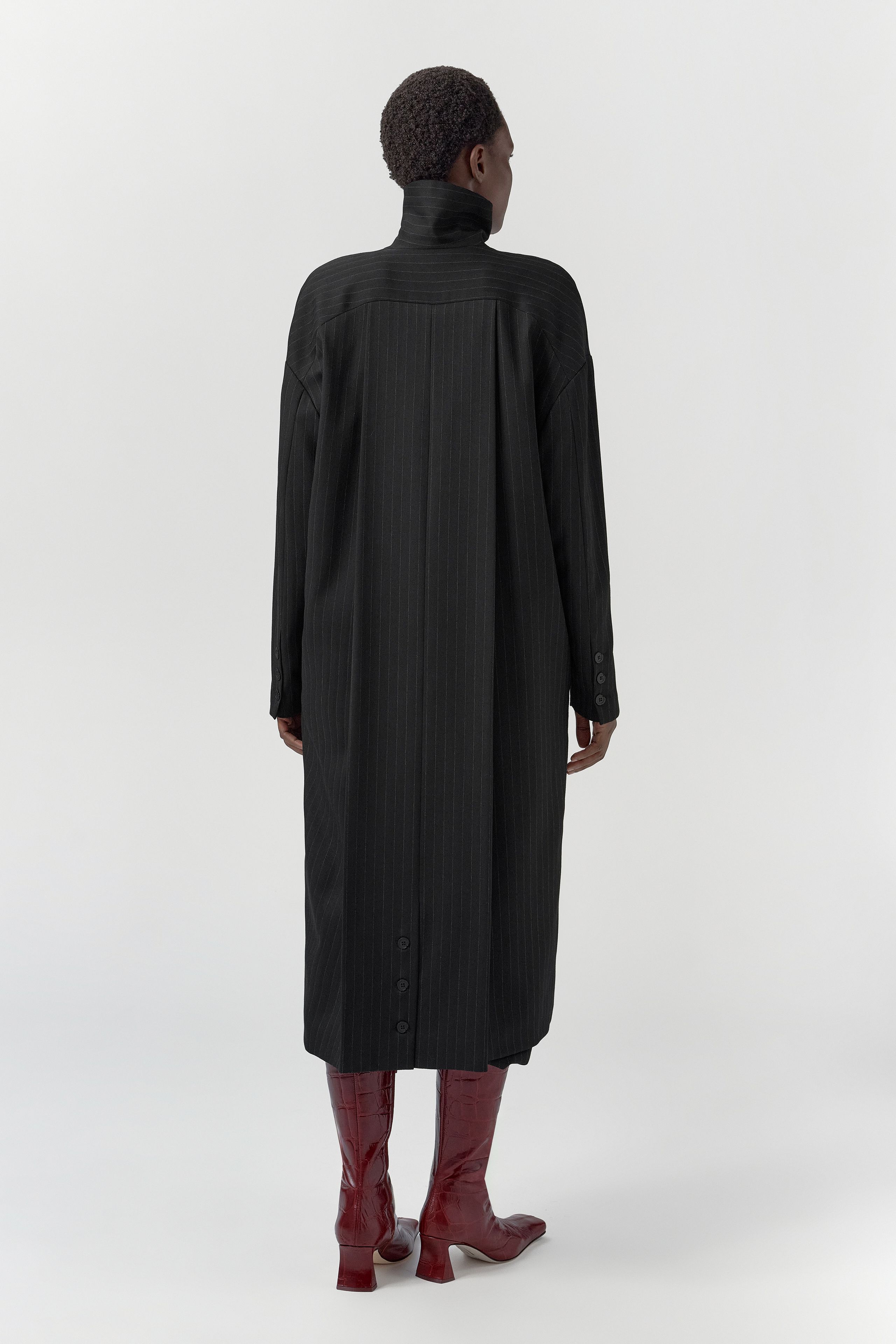 Orlan Coat - Black Pinstripe Viscose | Miista | Designed & Handmade in Europe