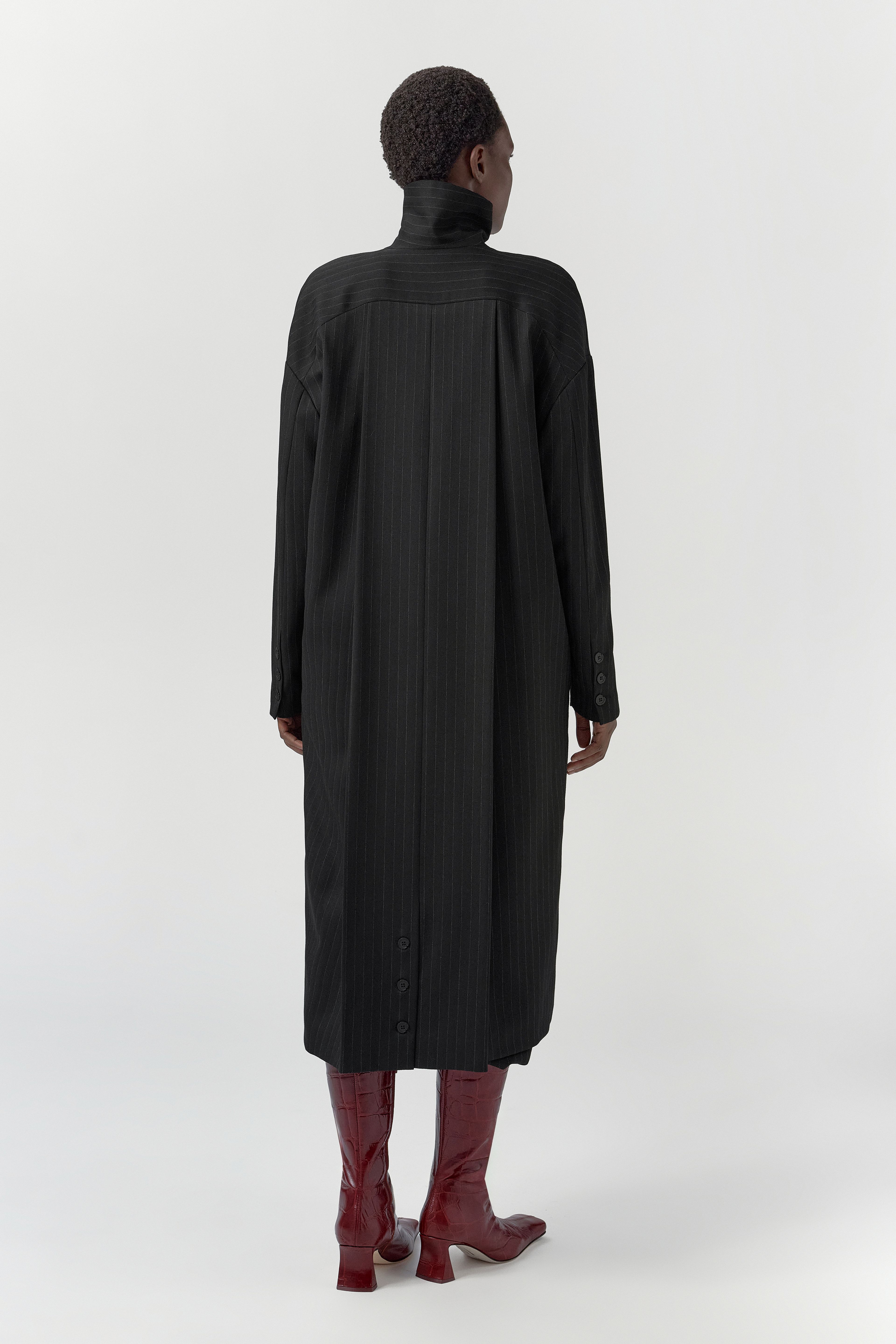 Orlan Coat - Black Pinstripe Viscose | Miista | Designed & Handmade in Europe