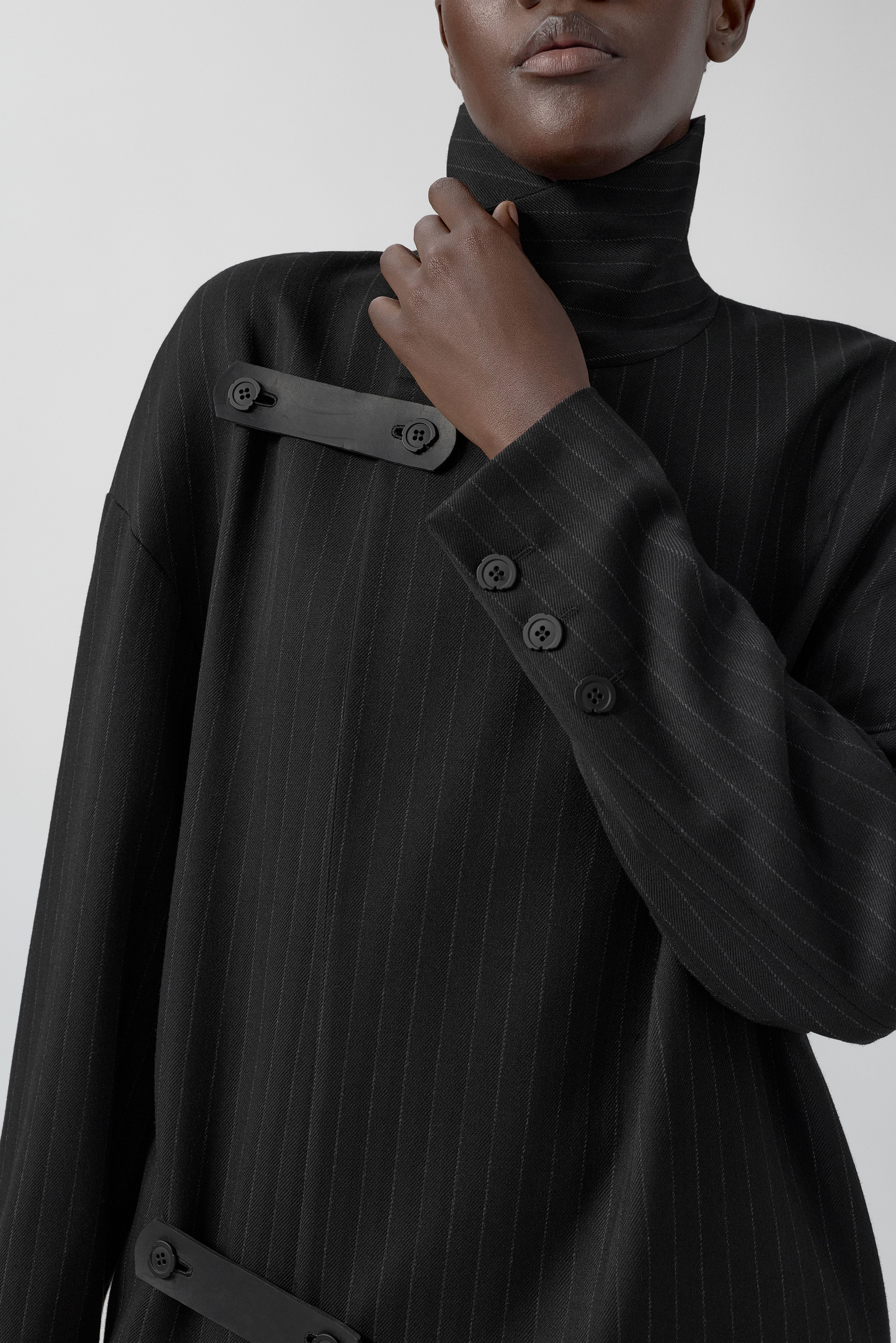 Orlan Coat - Black Pinstripe Viscose | Miista | Designed & Handmade in Europe