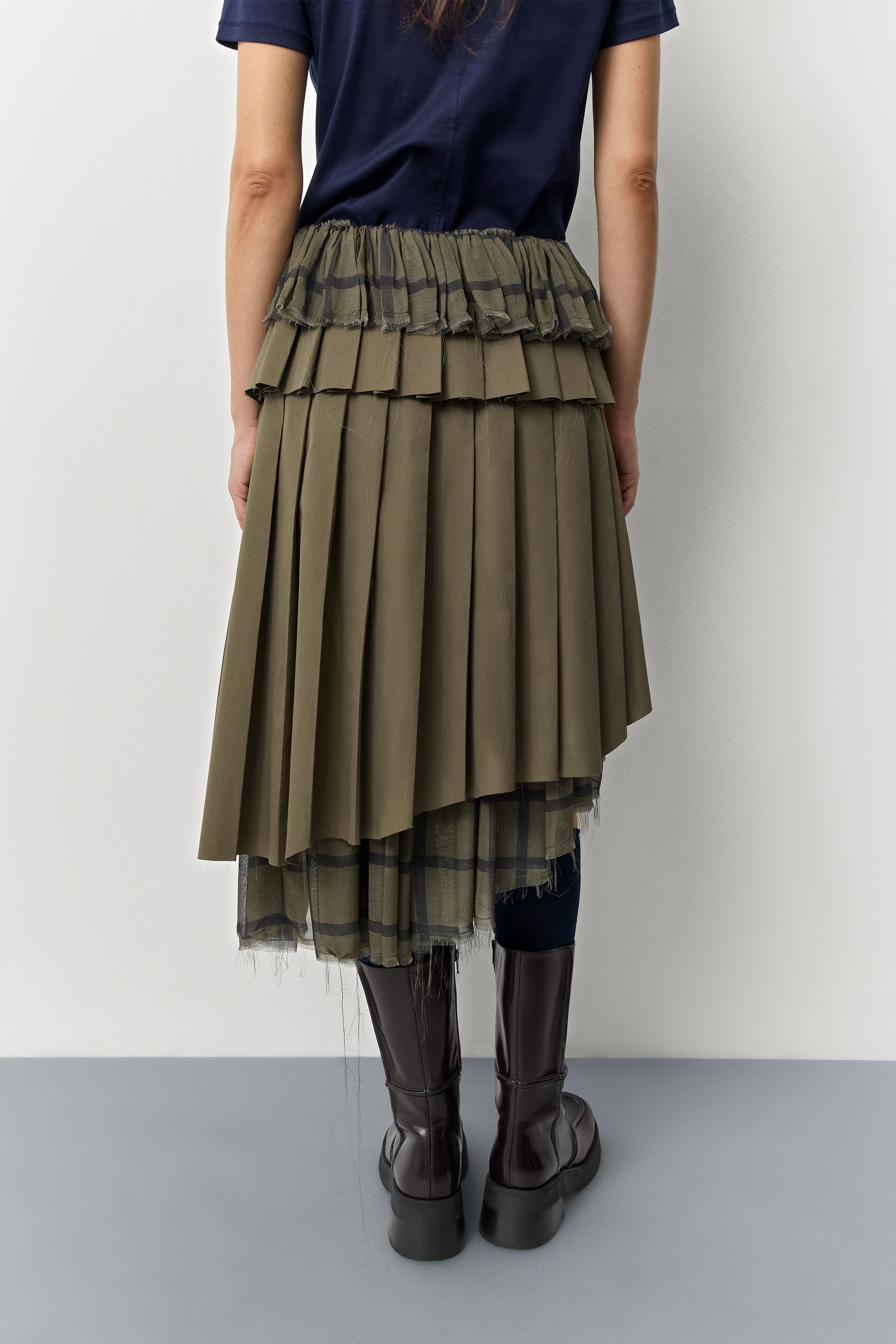 Magde Khaki Asymmetrical Ruffle Checkered Skirt | Miista | Designed & Handmade in Europe