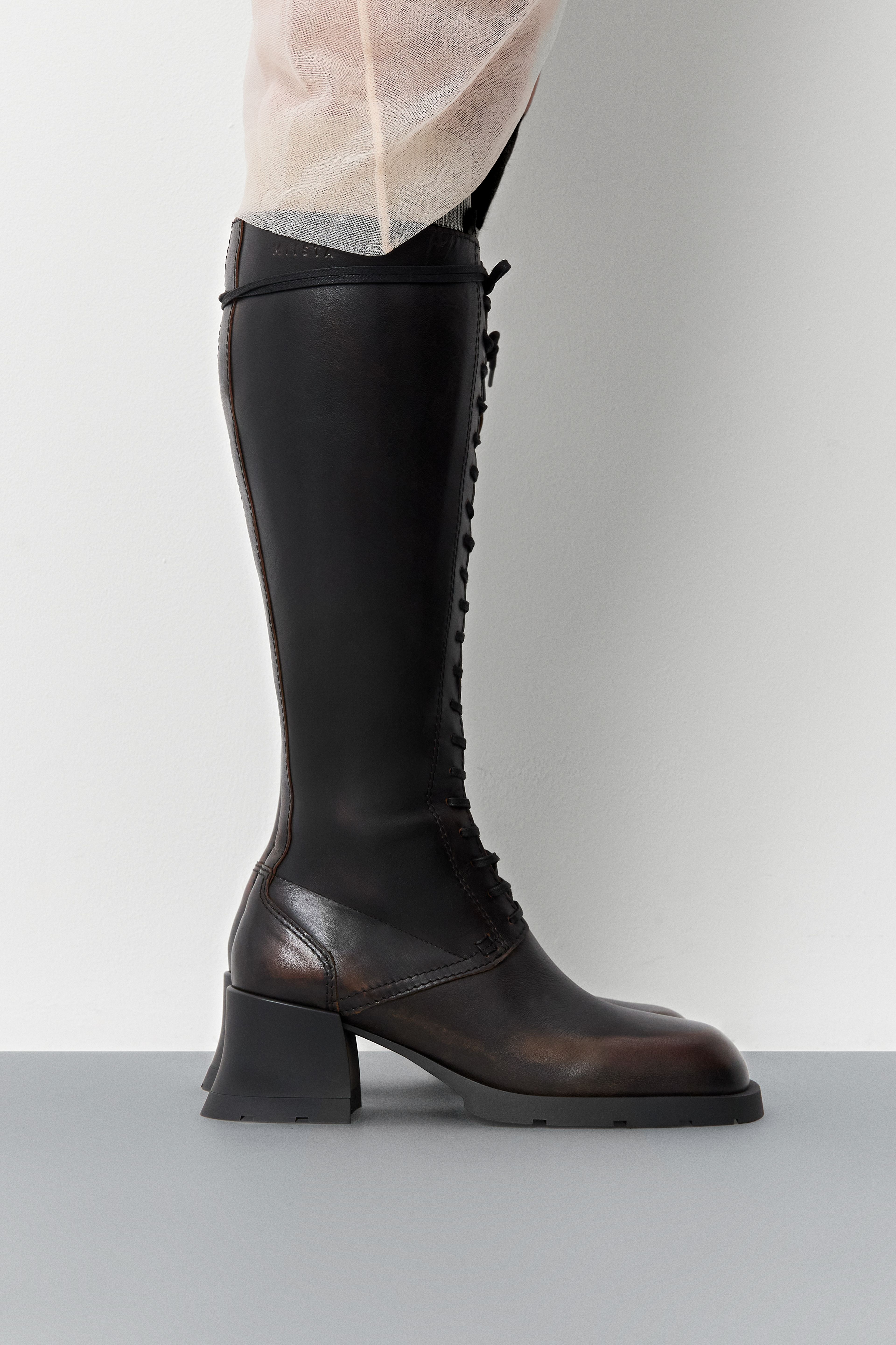 Michaela Brushed Brown Lace Tall Boots | Miista | Designed & Handmade in Europe