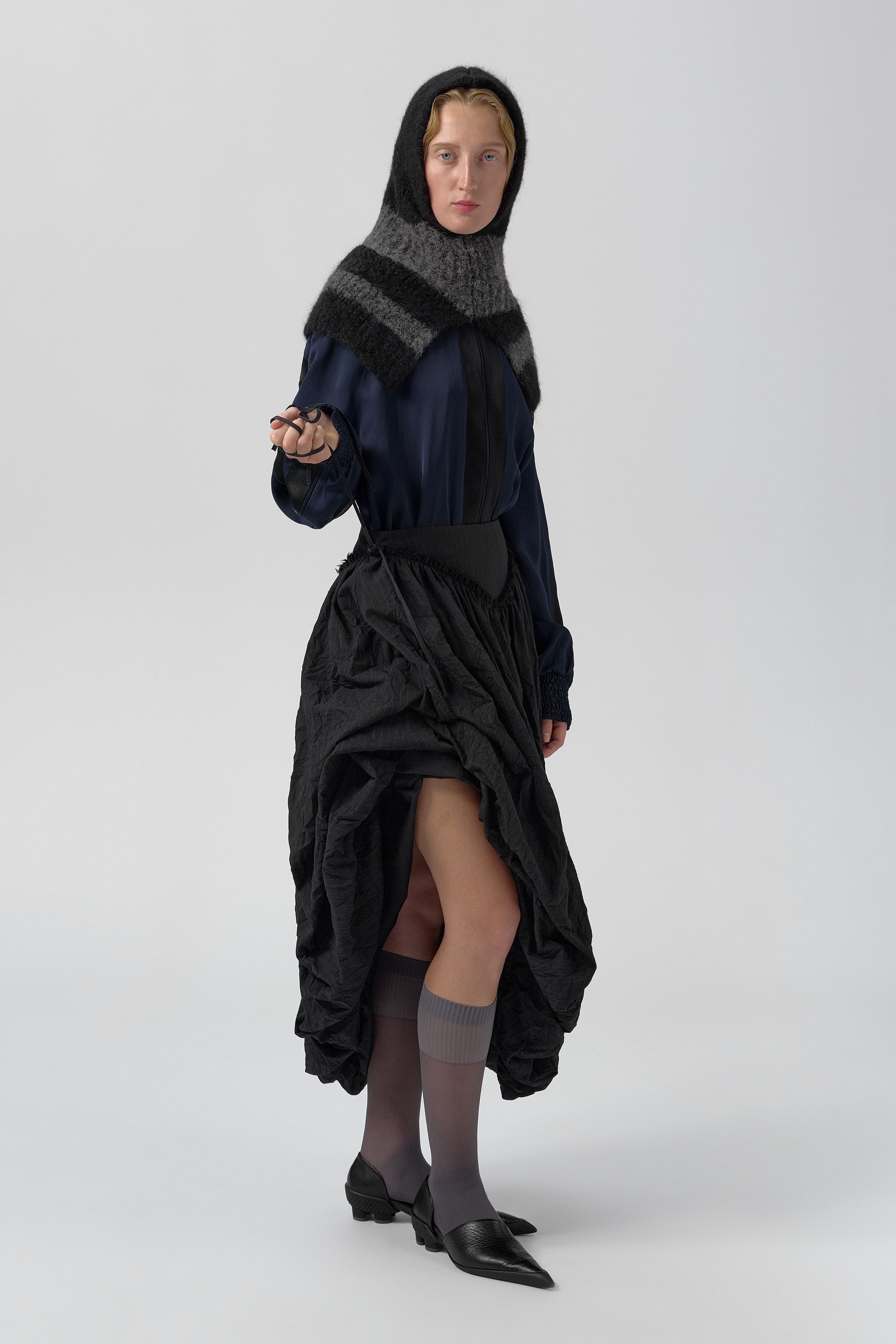Bronte Black And Grey Crush Pinstripe Puff Skirt | Miista | Designed & Handmade in Europe