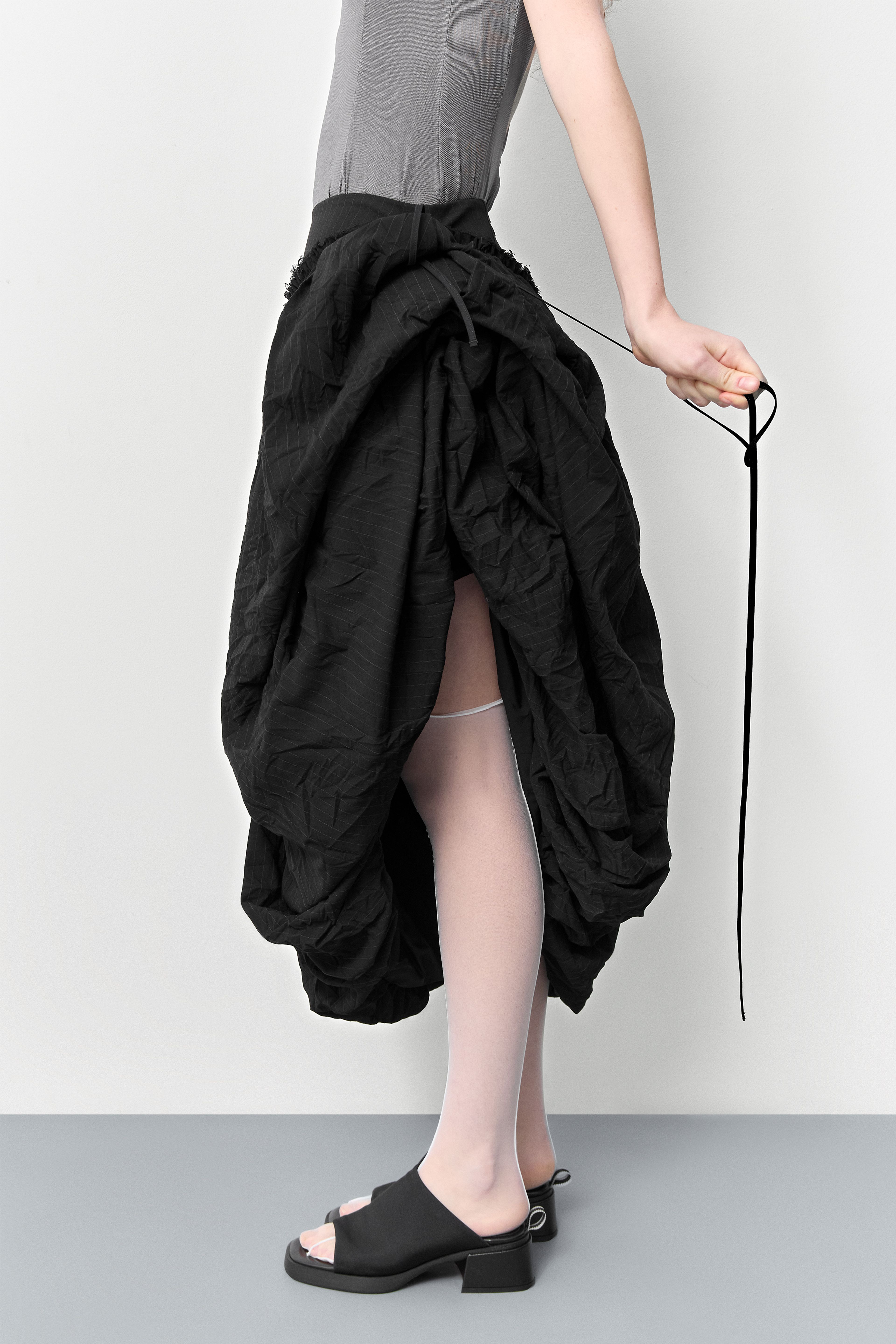 Bronte Black And Grey Crush Pinstripe Puff Skirt  | Miista | Designed & Handmade in Europe