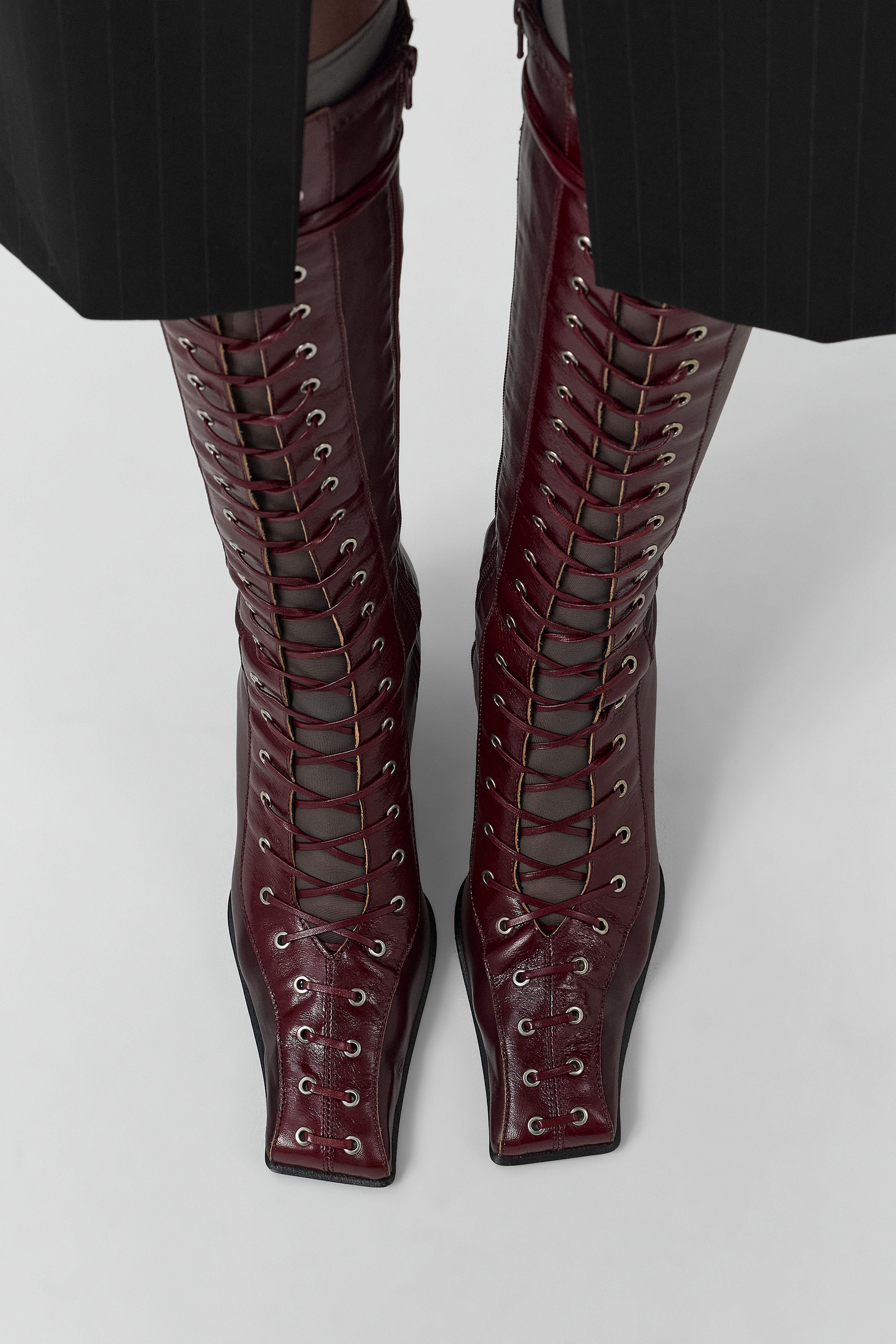 Shana Burgundy Strech Lace Tall Boots | Miista | Designed & Handmade in Europe