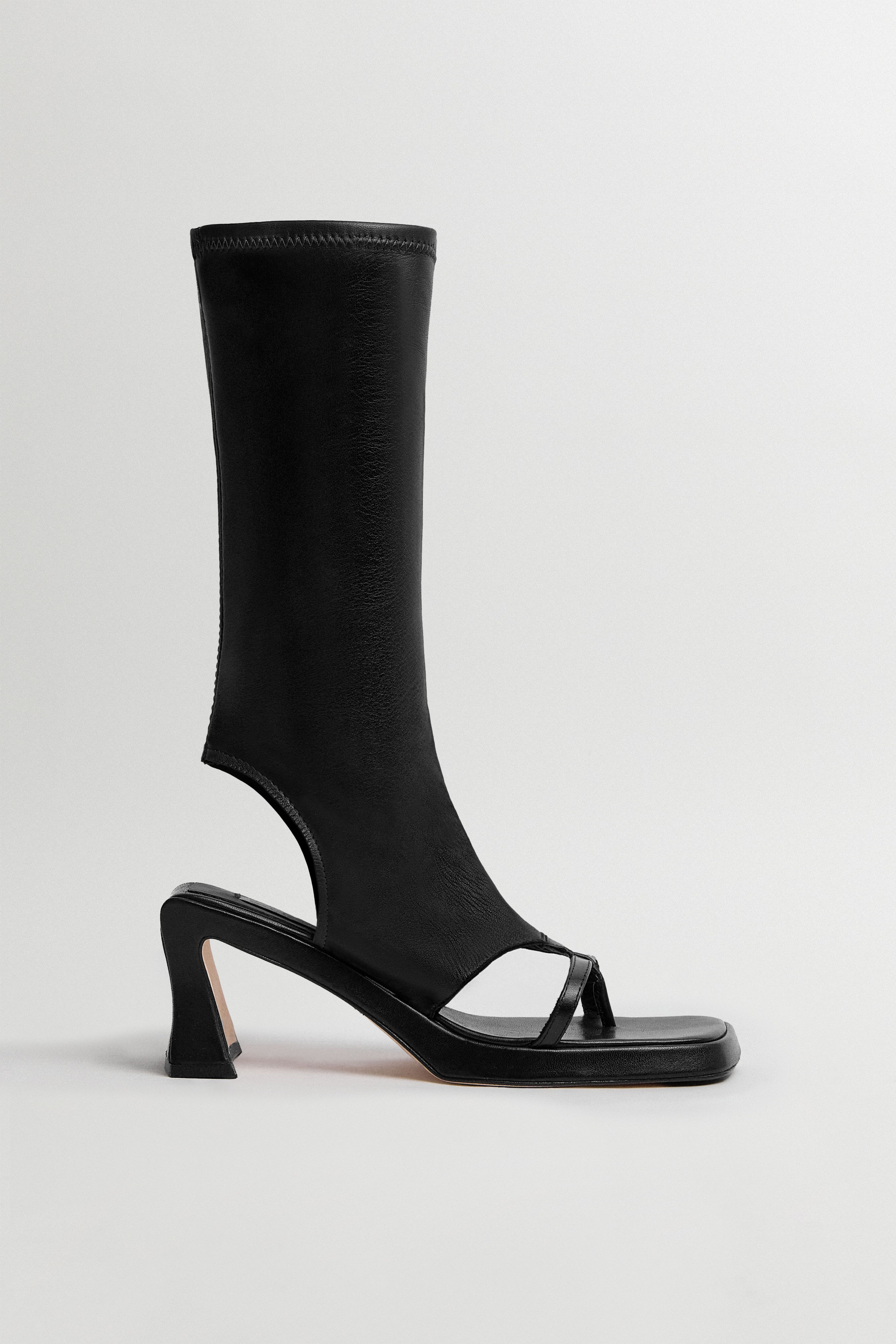 Sajana Black Thonge Heeled Sandal Tall Boots | Miista | Designed & Handmade in Europe