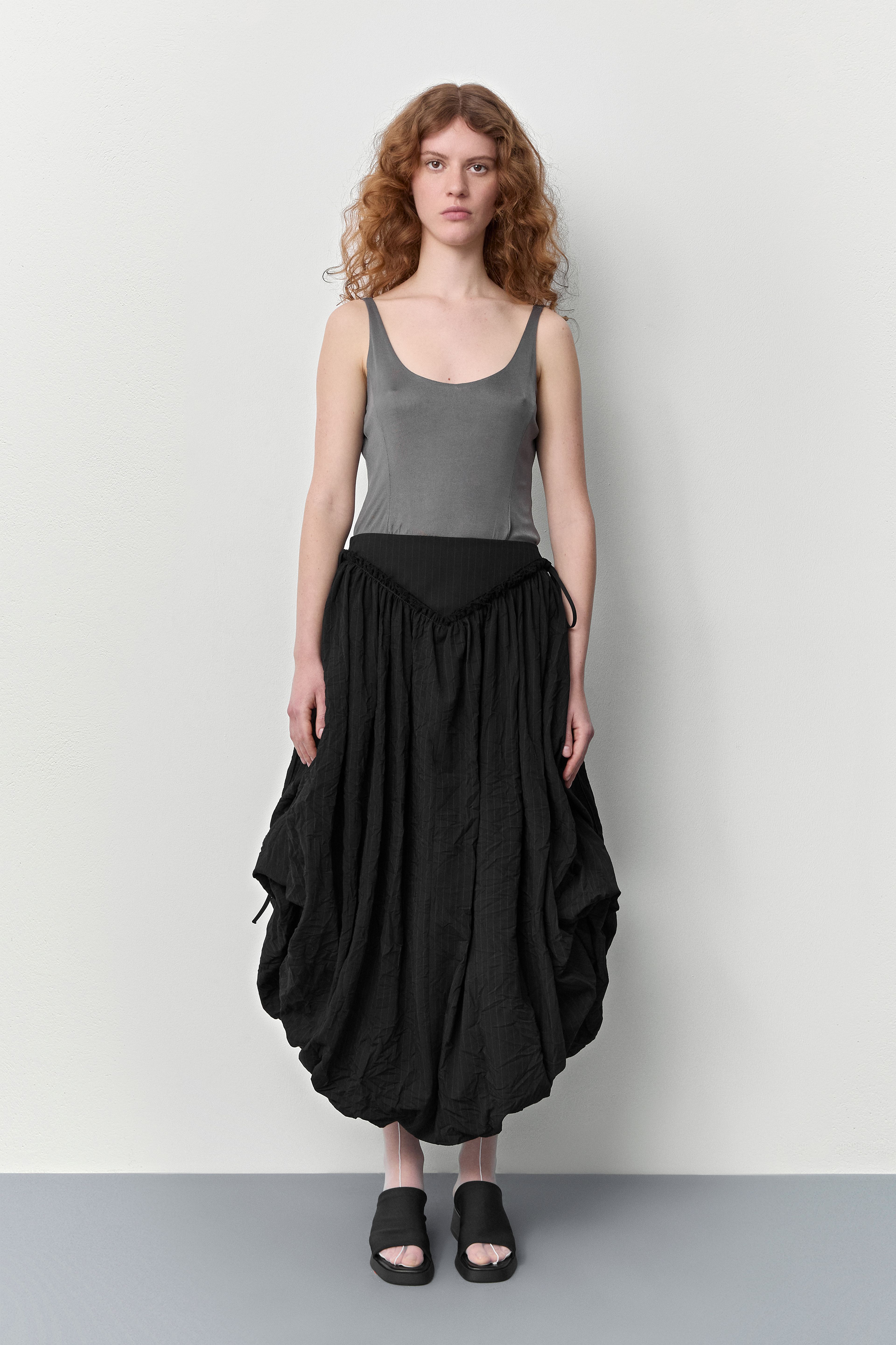 Bronte Black And Grey Crush Pinstripe Puff Skirt  | Miista | Designed & Handmade in Europe