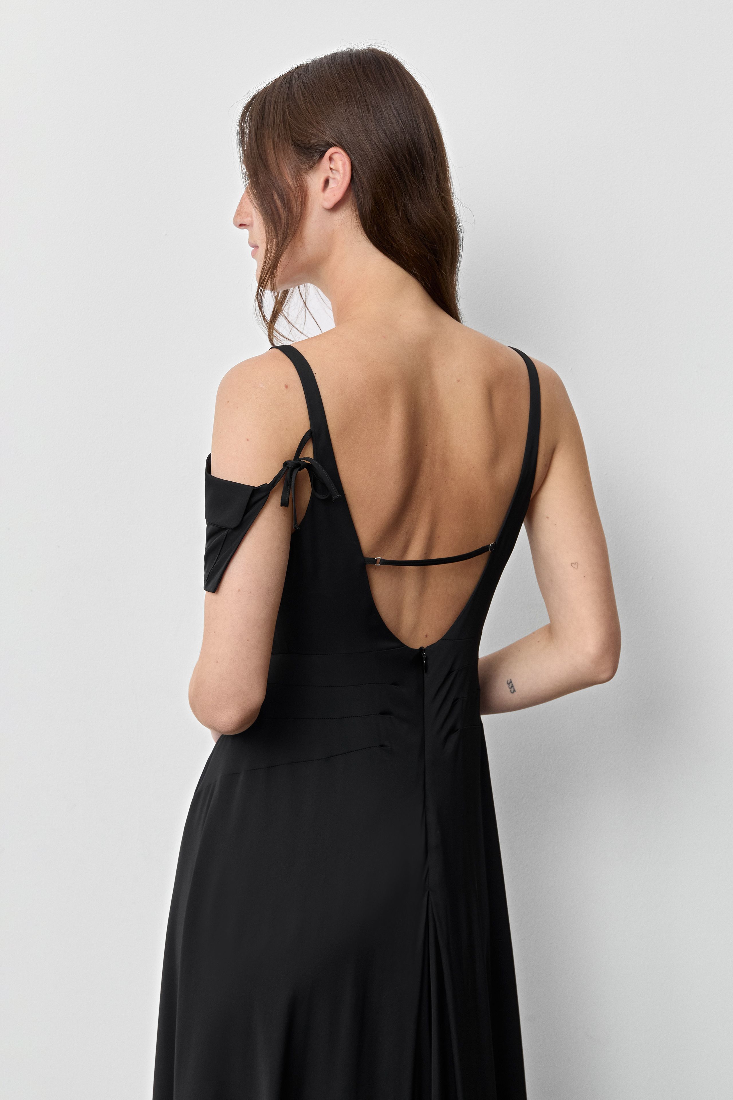 Rekka Dress - Black Godet Satin | Miista