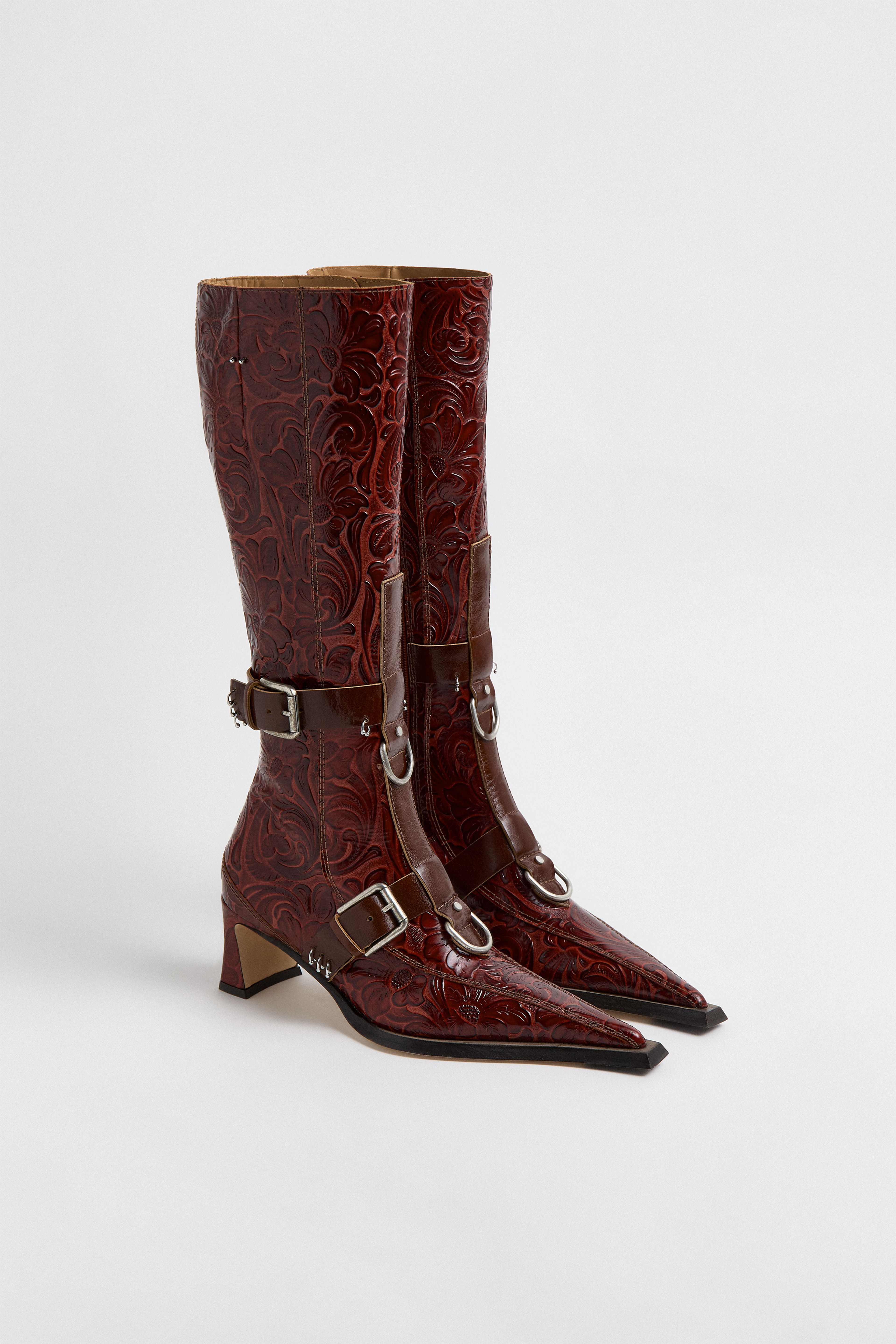 Eliya Brick Embossed Buckled Tall Boots | Miista | Designed & Handmade in Europe
