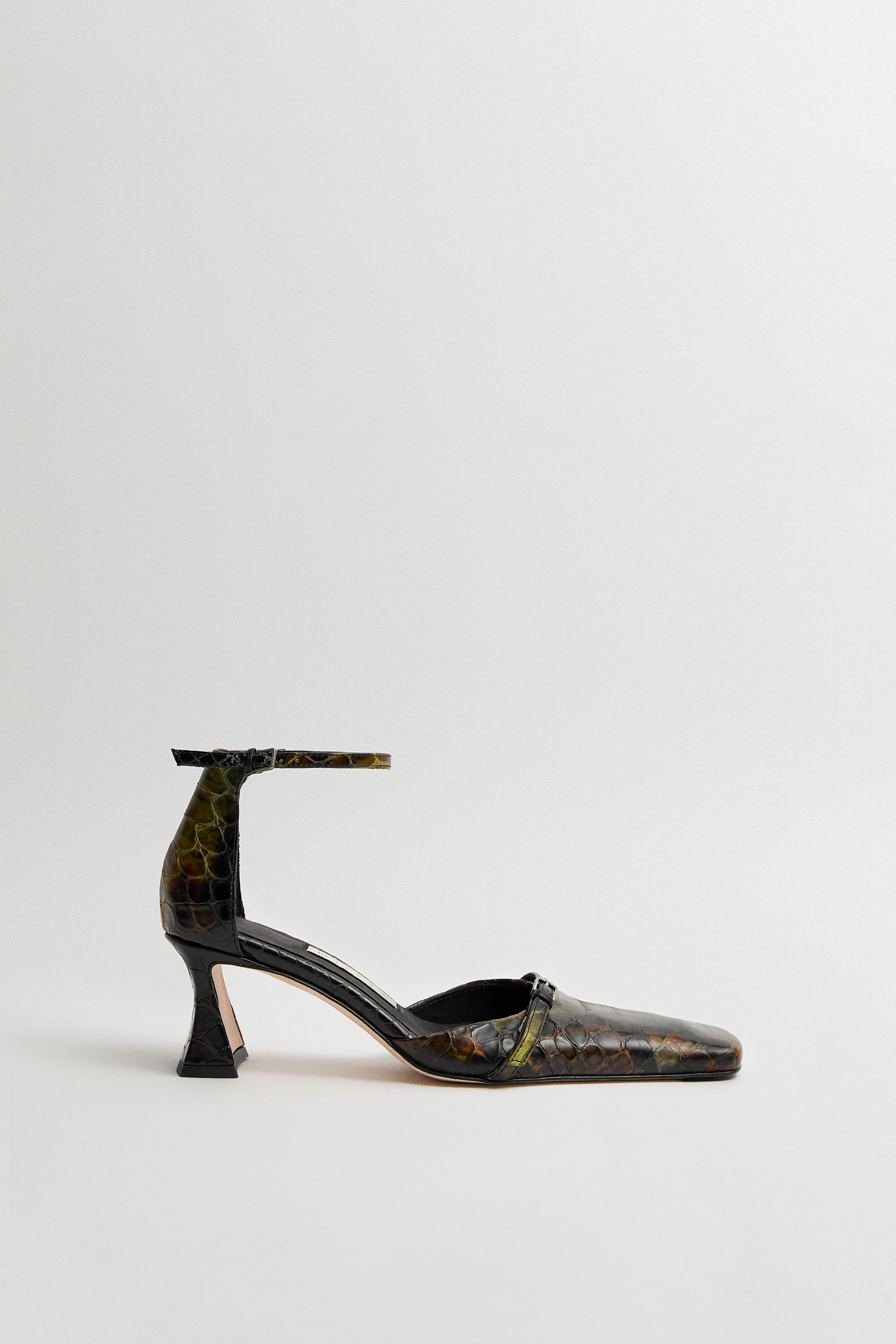 Agna Khaki Snake Mini Buckled Mary Jane Court Shoes | Miista | Designed & Handmade in Europe