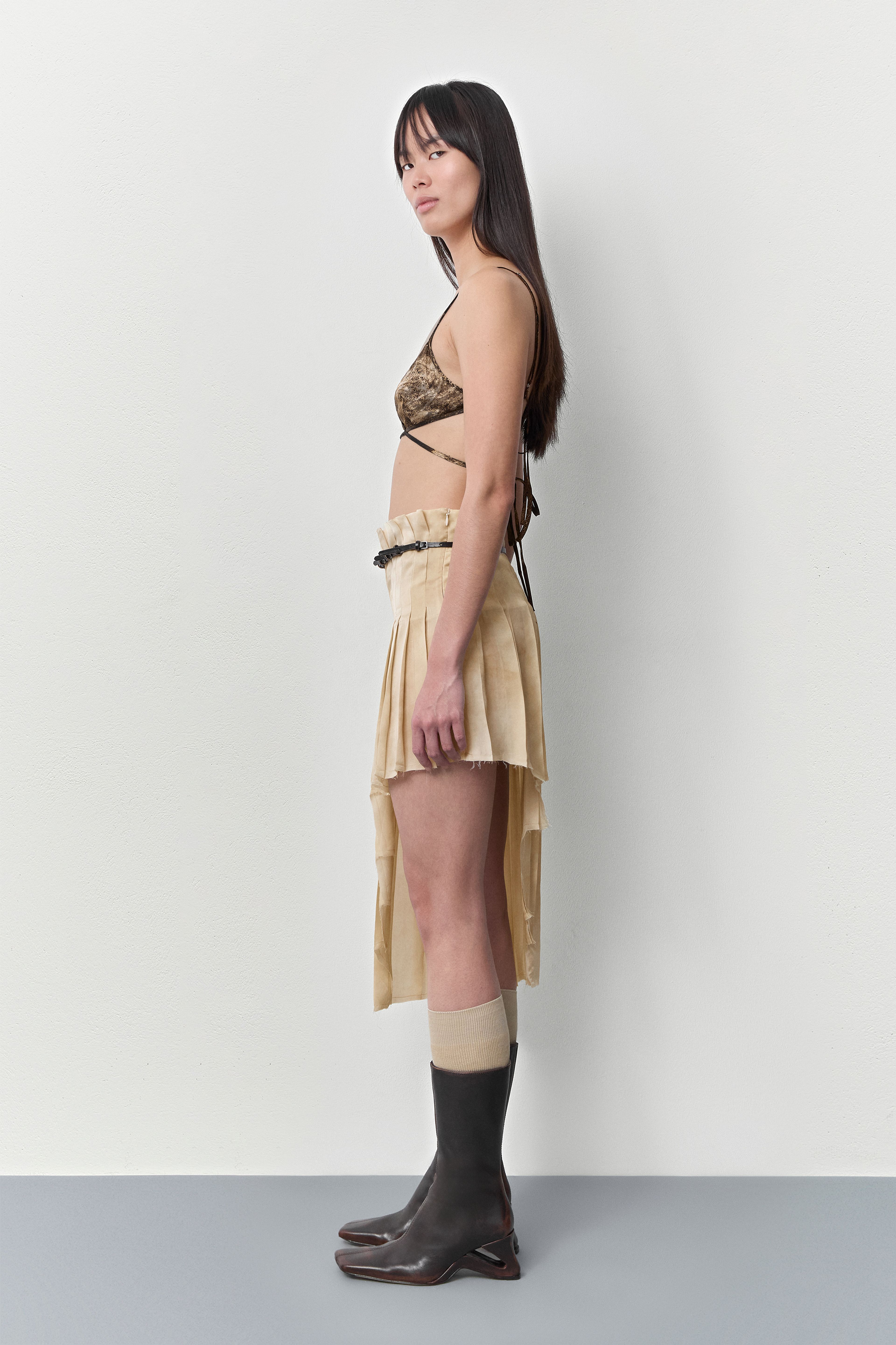 Clio Brown Beige Pleated Skirt | Miista | Designed & Handmade in Europe