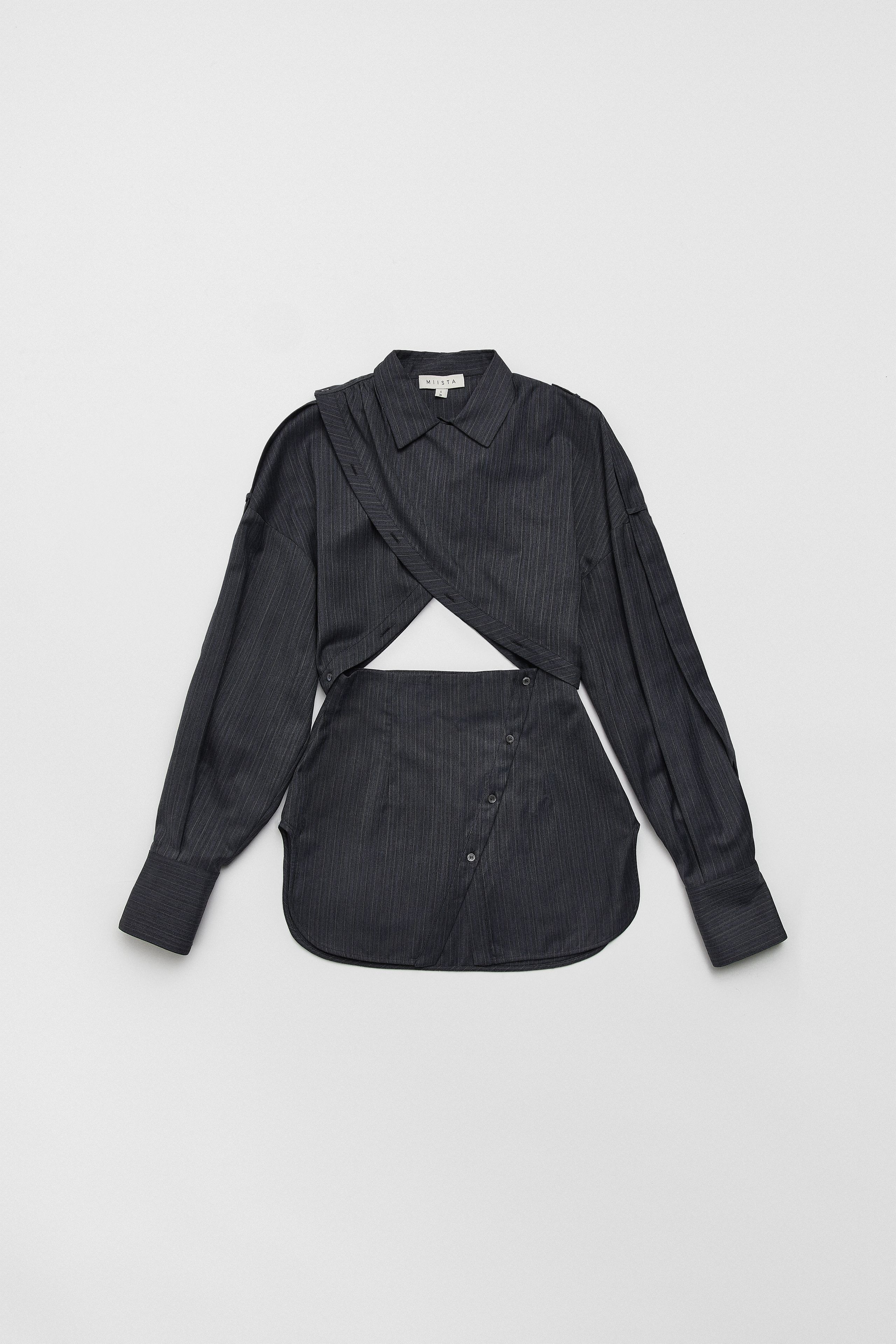 Halia Shirt - Multifunctional Grey Pinstriped Virgin Wool | Miista