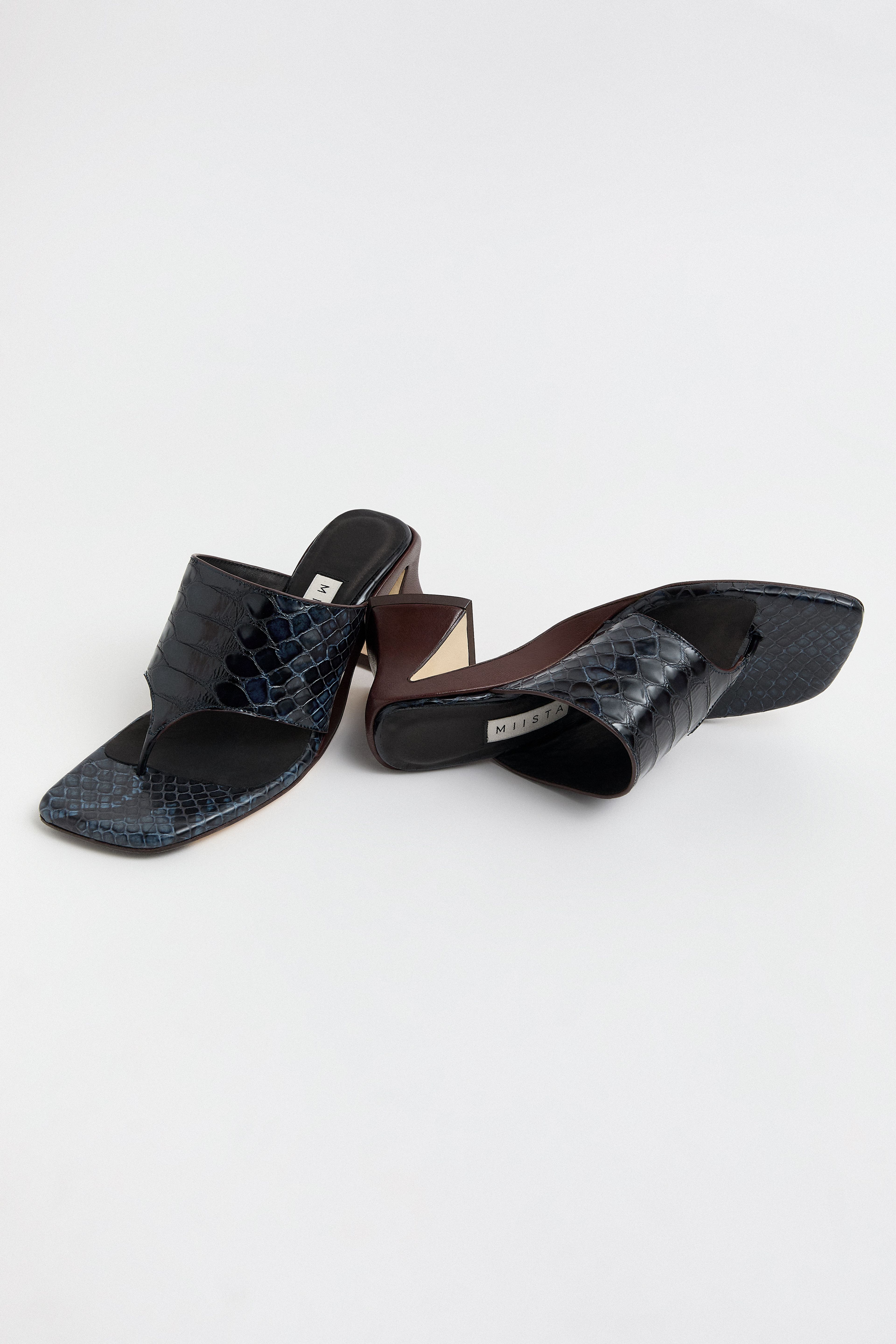 Ernie Navy Brown Snake Thonge Sandals | Miista | Designed & Handmade in Europe