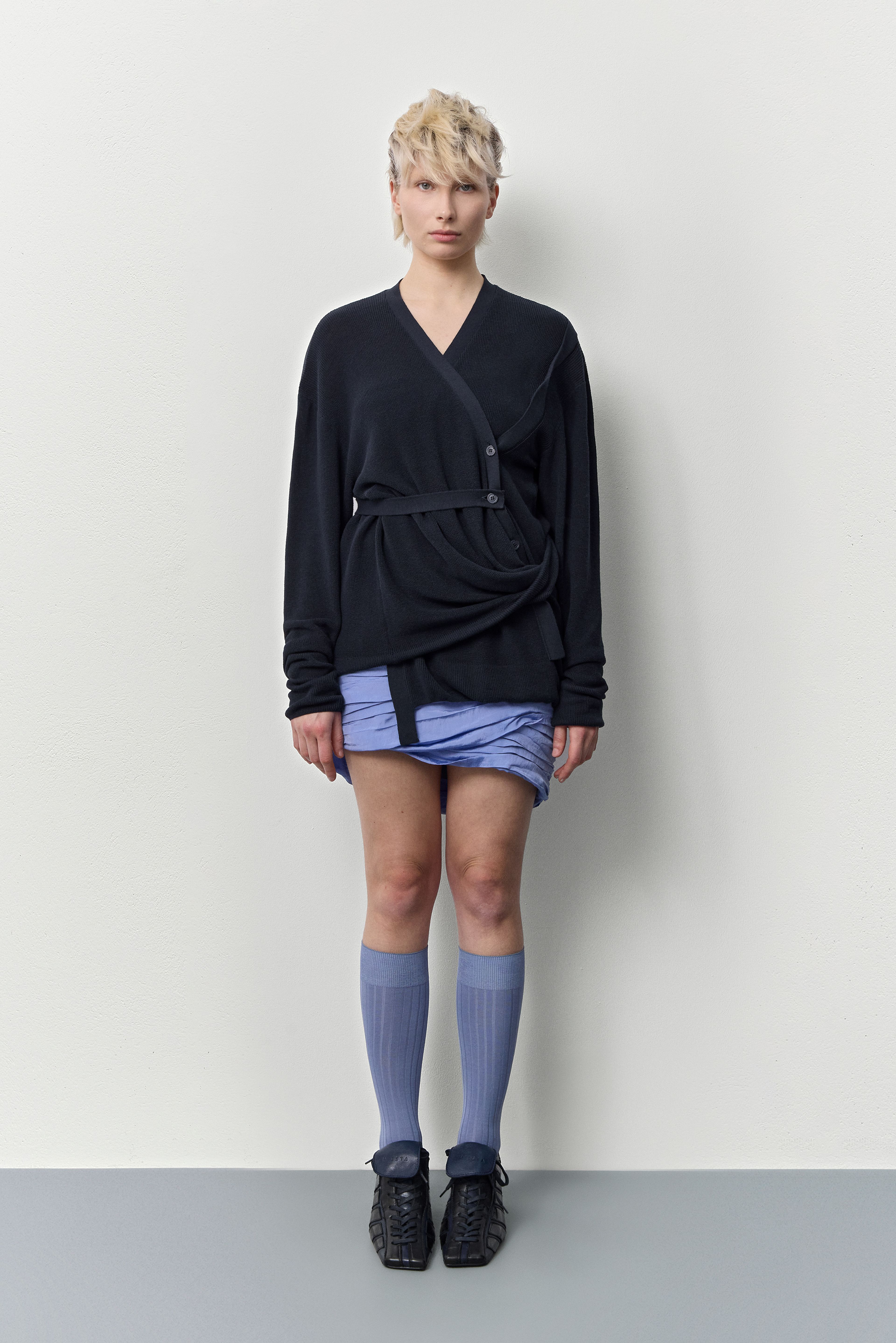 Sibileh Asymmetric Navy Knit Cardigan | Miista | Designed & Handmade in Europe