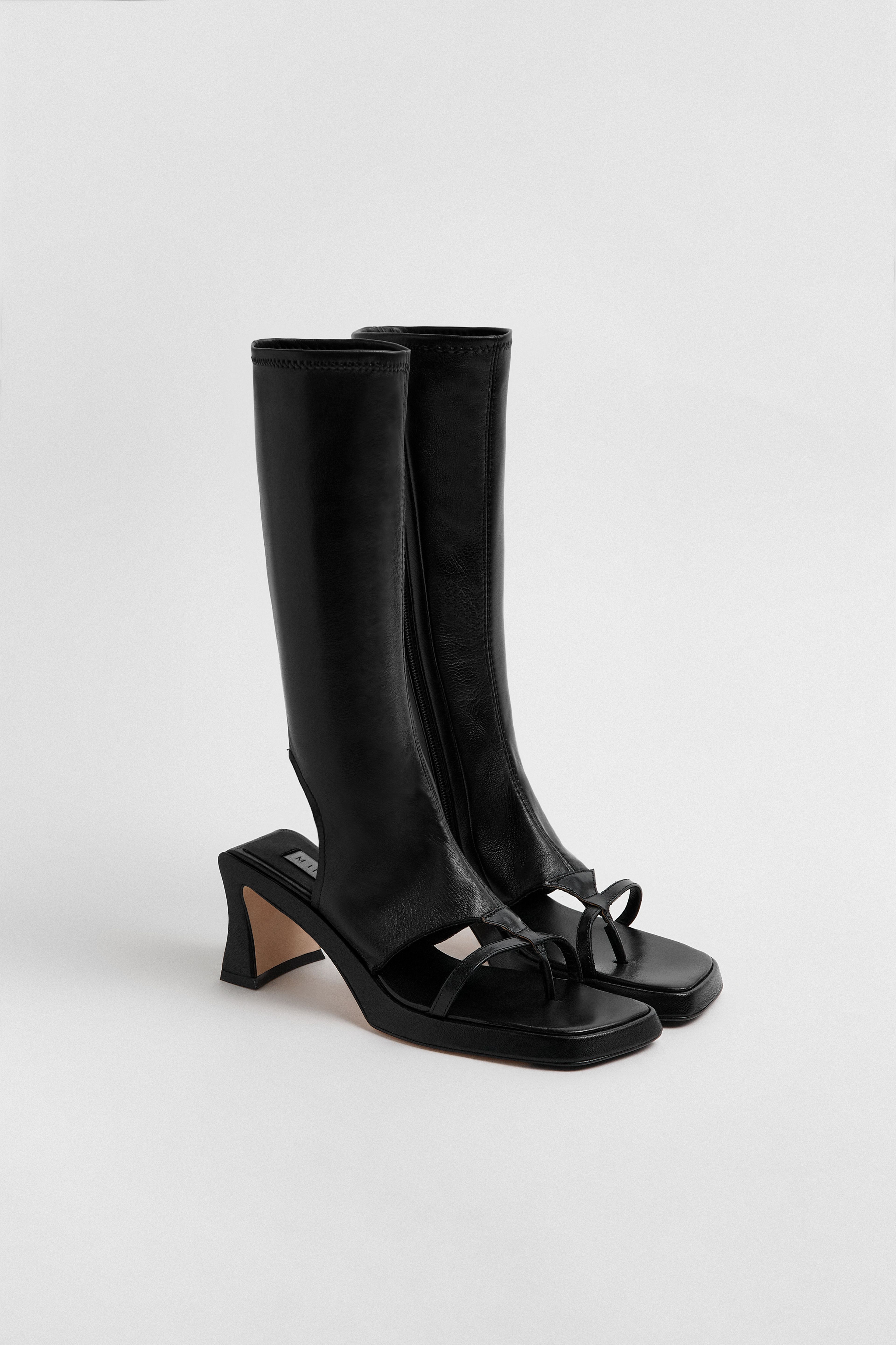 Sajana Black Thonge Heeled Sandal Tall Boots | Miista | Designed & Handmade in Europe