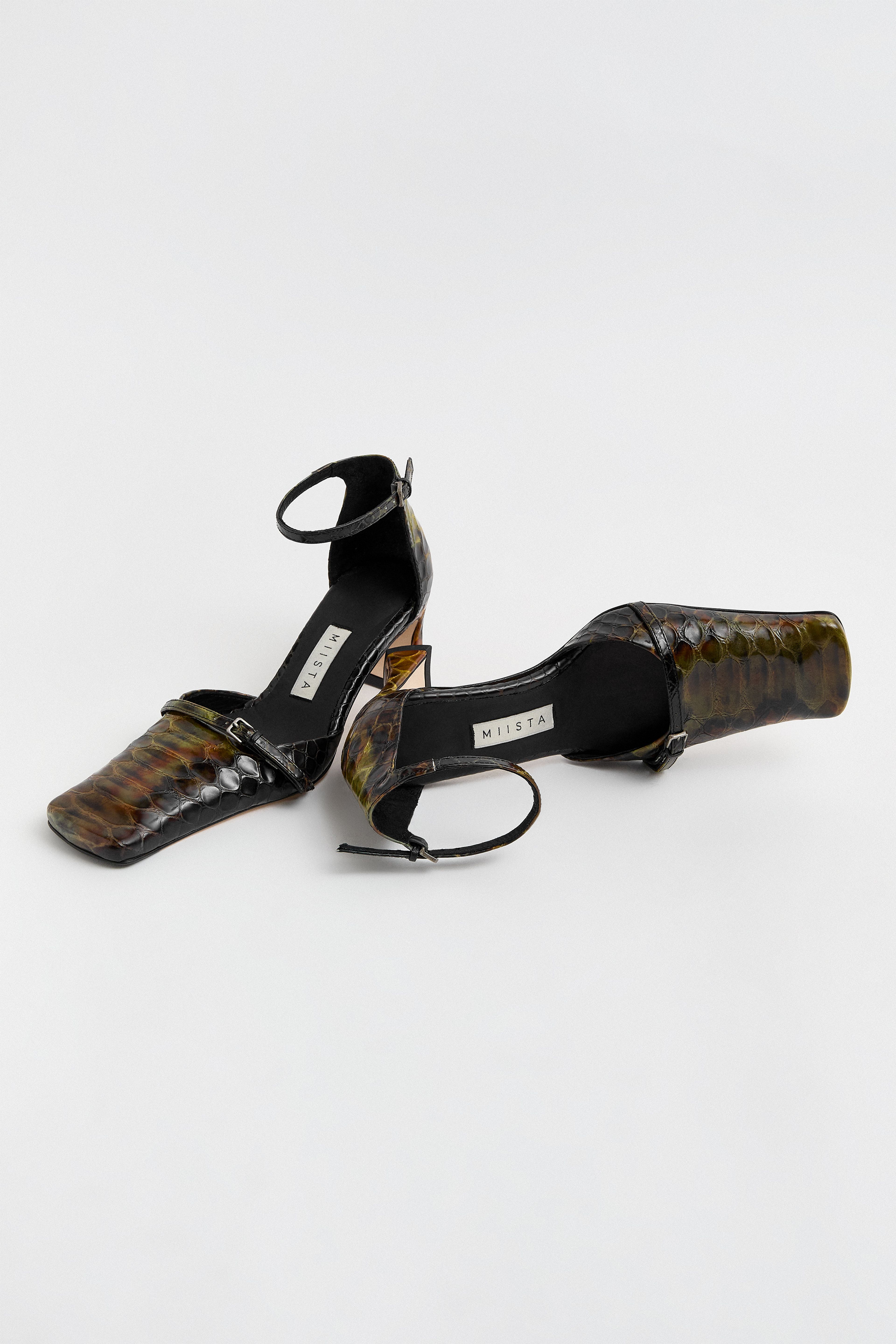 Agna Khaki Snake Mini Buckled Mary Jane Court Shoes | Miista | Designed & Handmade in Europe