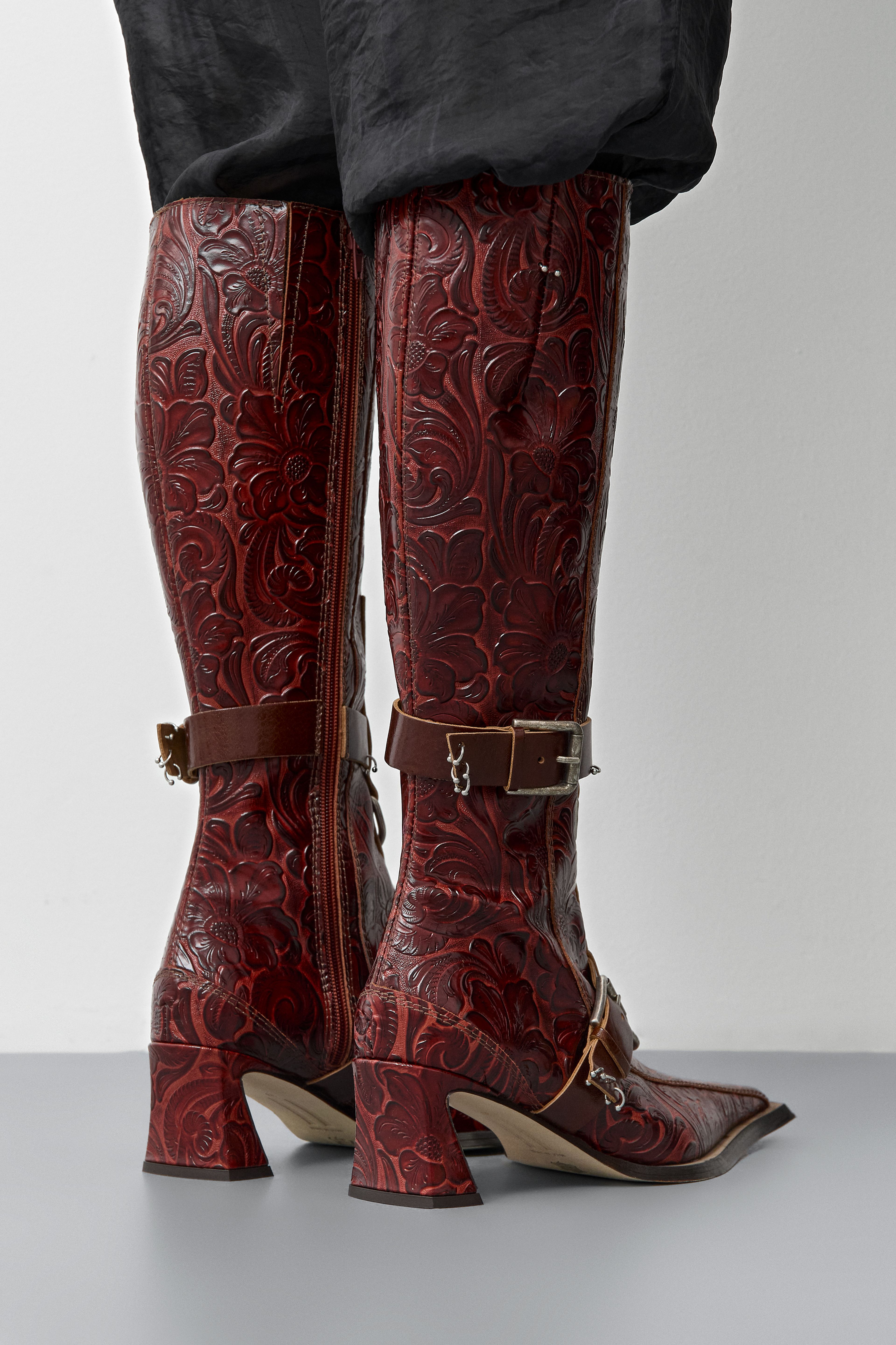 Eliya Brick Embossed Buckled Tall Boots | Miista | Designed & Handmade in Europe