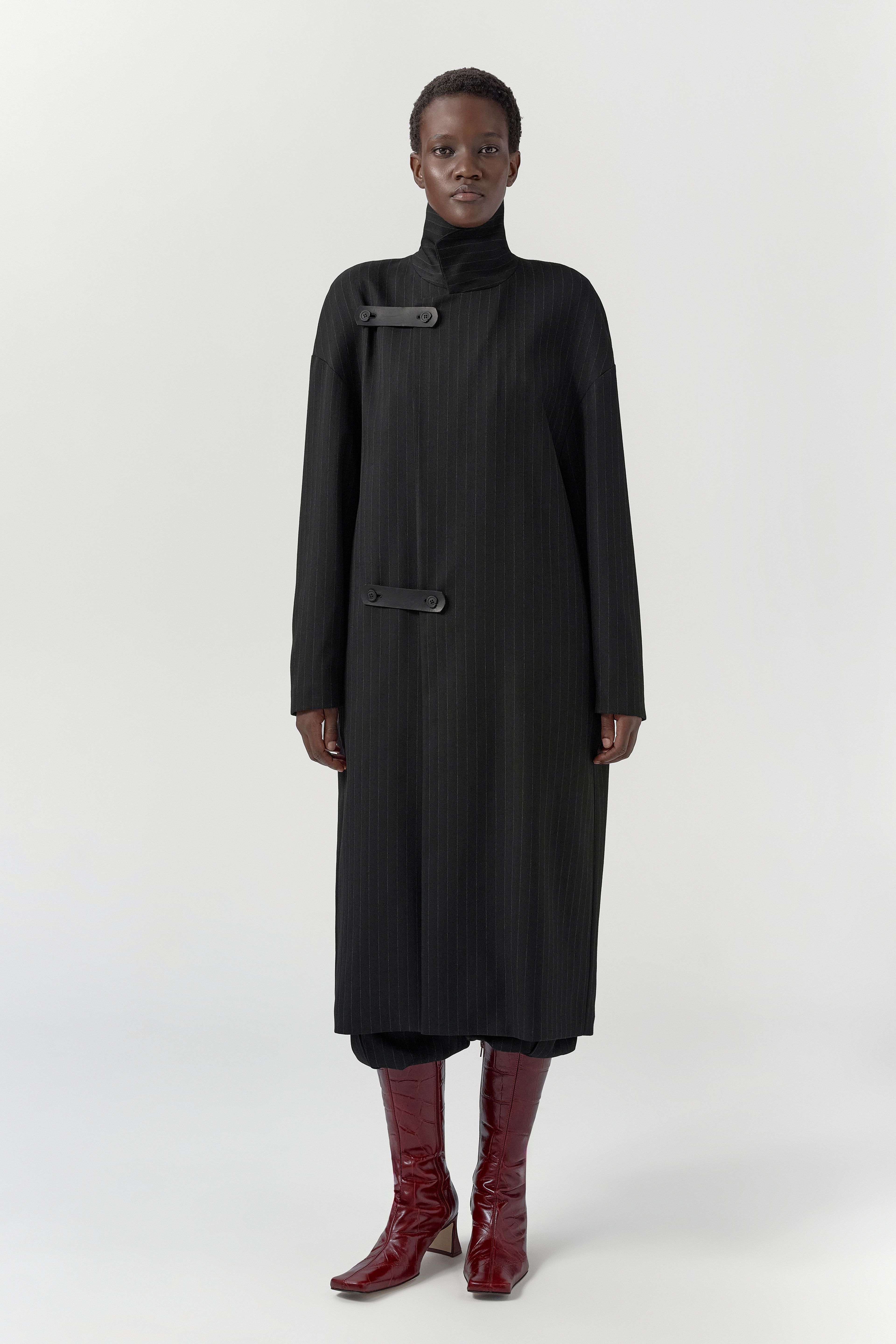 Orlan Coat - Black Pinstripe Viscose | Miista | Designed & Handmade in Europe