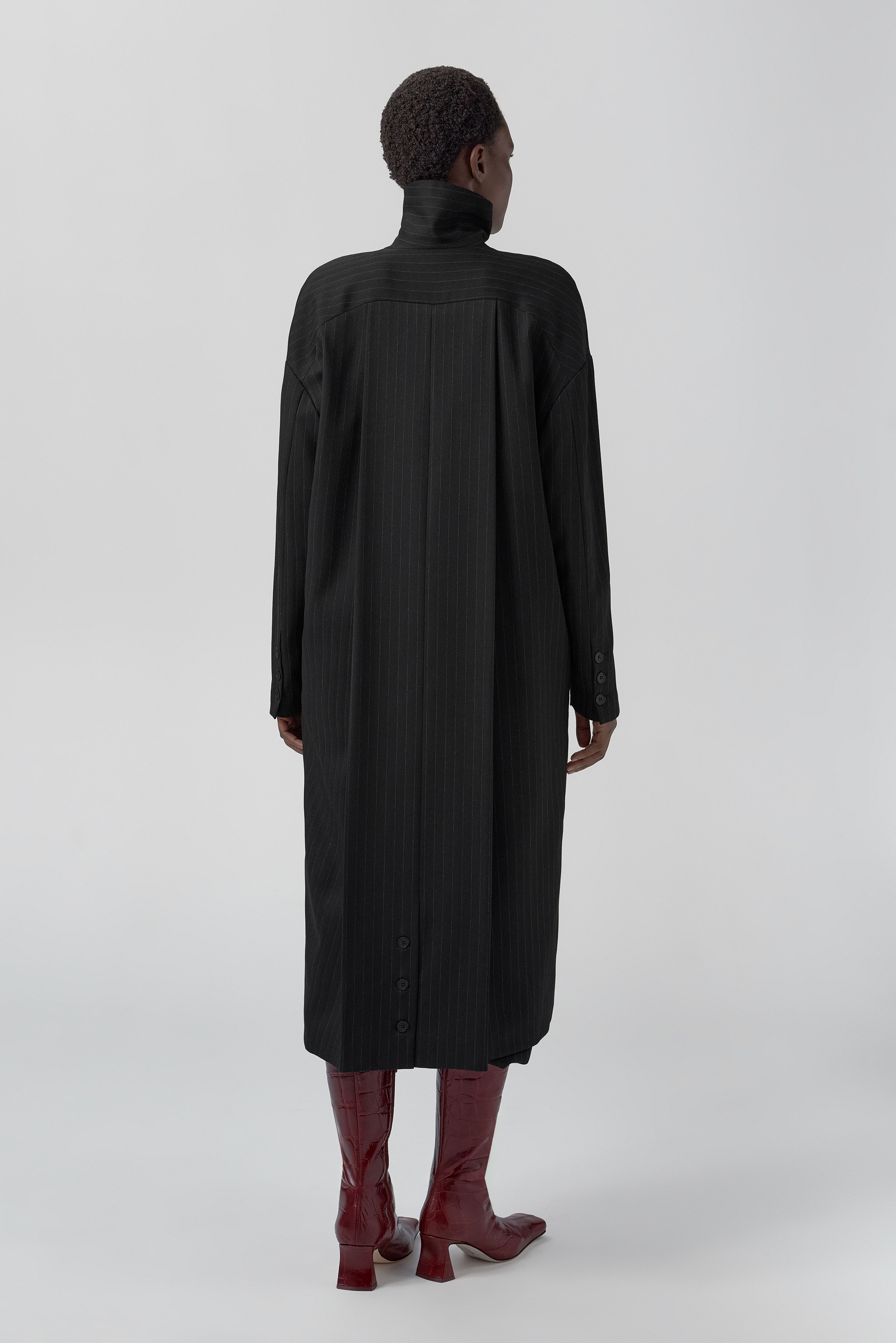 Orlan Coat - Black Pinstripe Viscose | Miista | Designed & Handmade in Europe